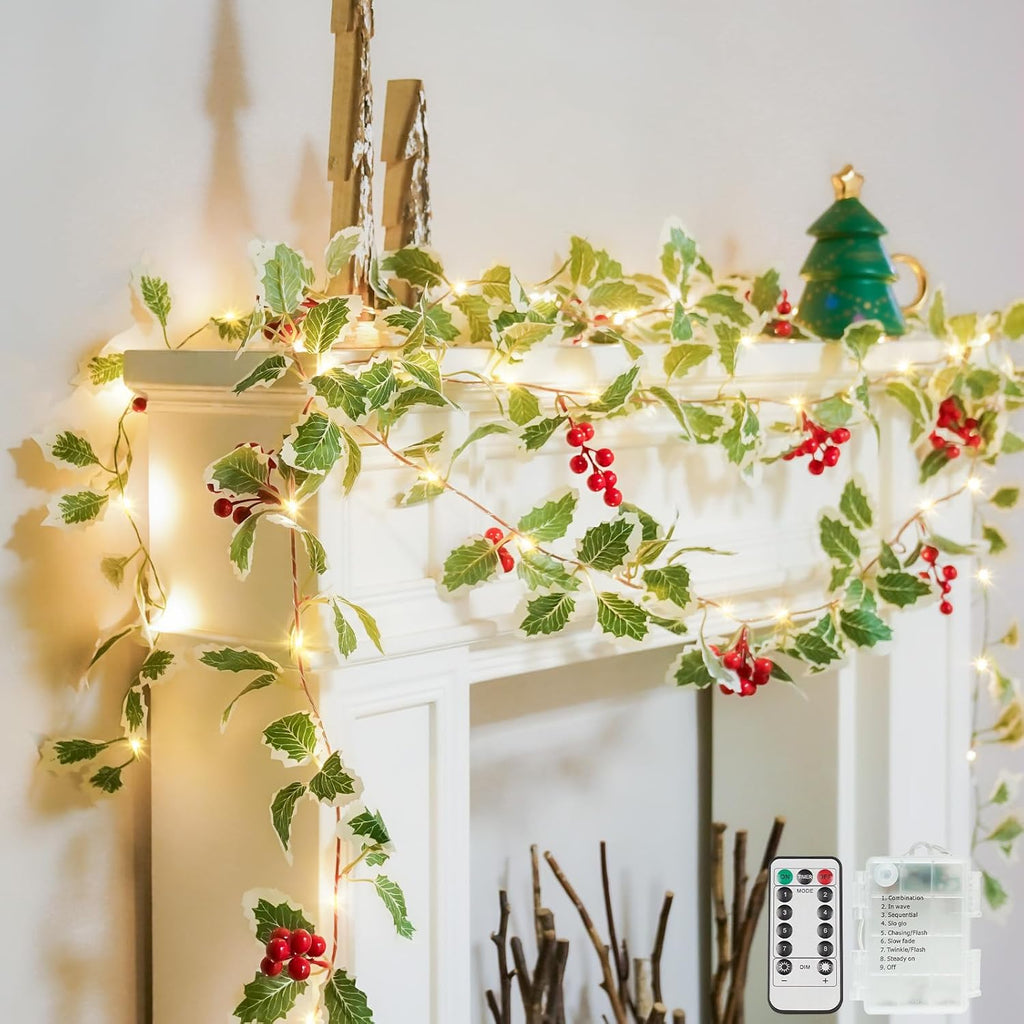 suddus String Light with Red Berries&Holly Leaf Battery Powered Copper Wire