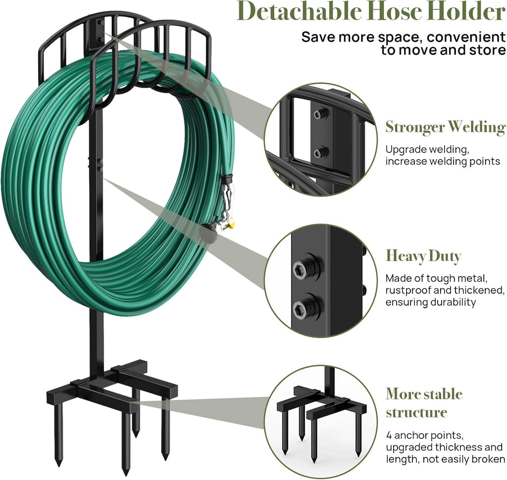 Garden Hose Holder Detachable Heavy Duty Metal Water Hose Hanger, Freestanding Hose Storage Stand Rack for Outside