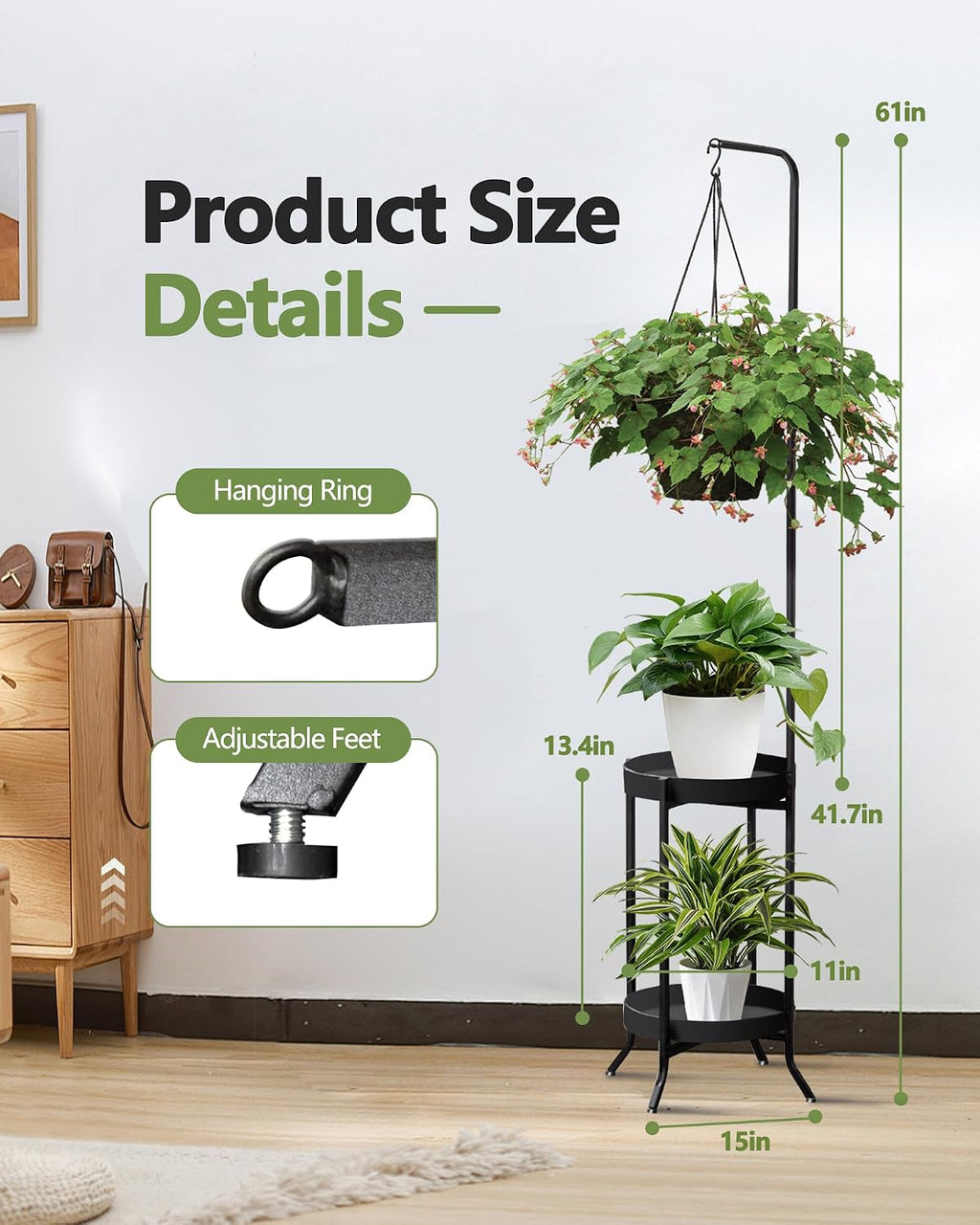 RINBOU Hanging Plant Stand Indoor Outdoor, Space-Saving Corner Metal Plant Shelf 3 Potted Flower Pot Stand, 2 Tier 61"