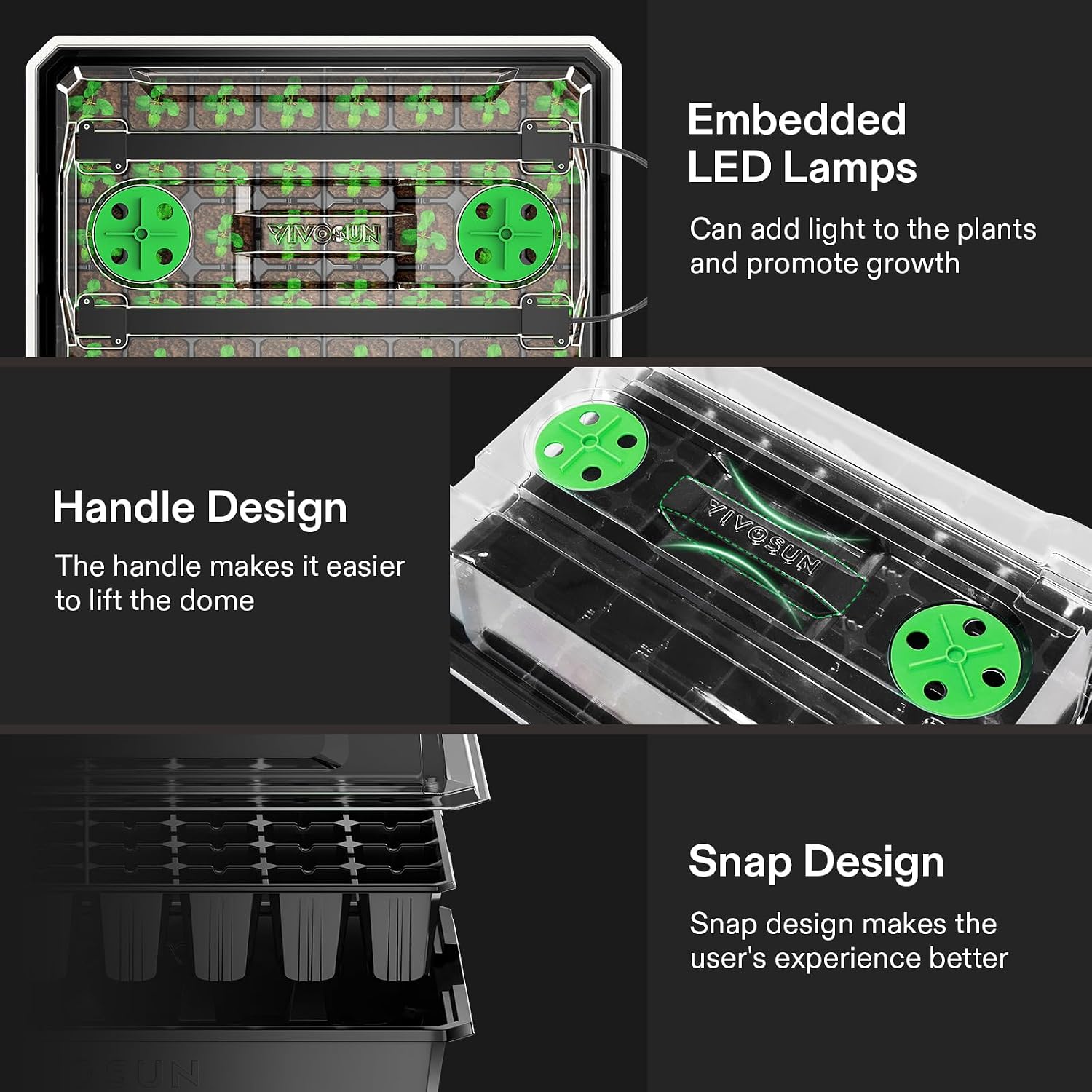 VIVOSUN 6-Pack Seed Starter Kit, 240-Cell Tray, 2 Set of LED Lights | 3.6" Higher Cover, Adjustable Vents, Drainage