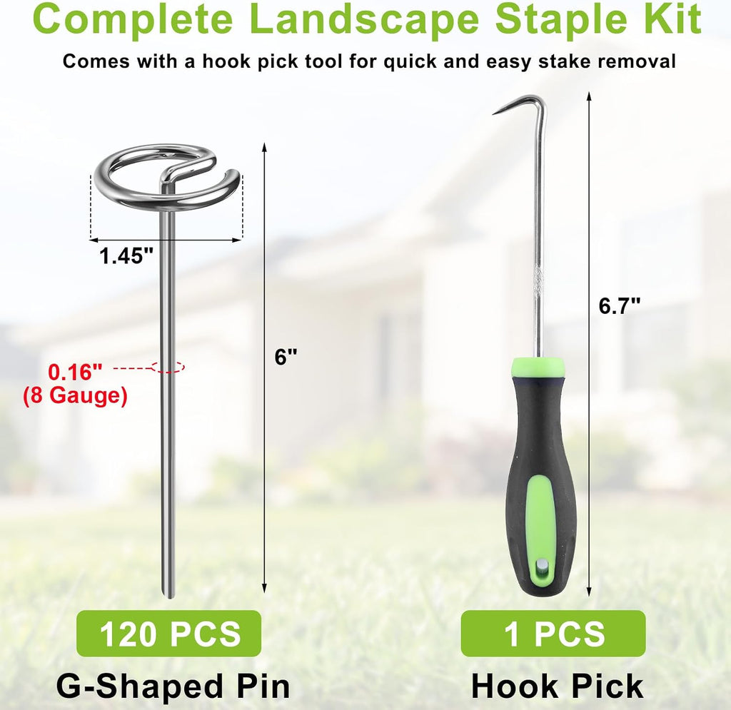 Landscape Fabric Pins 120 Pcs, Thickened 8 Gauge Galvanized Landscape Staples with Pick Hook, 6 Inch G-Shaped Circle