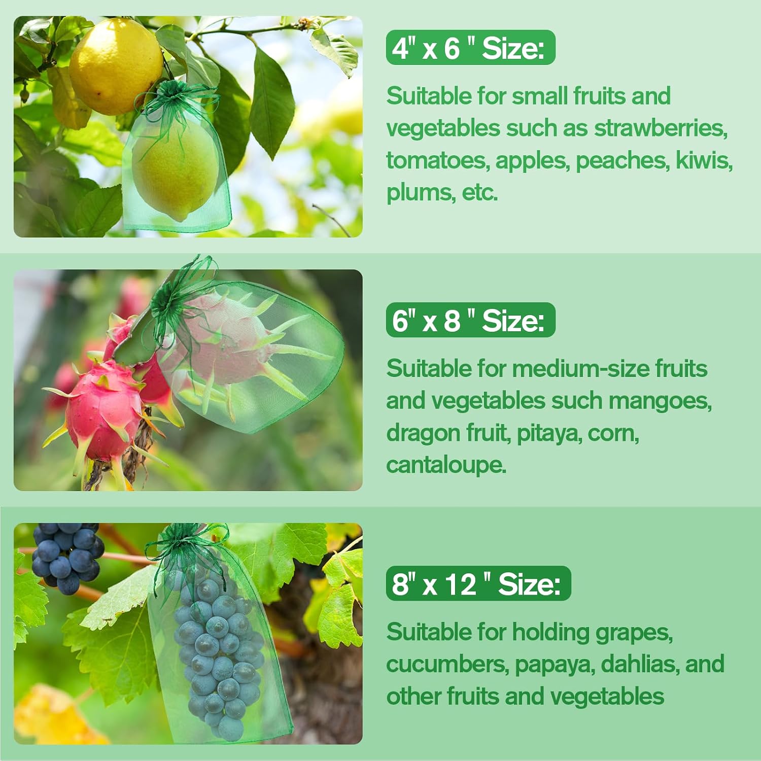 180 Pcs Fruit Protection Bags for Fruit Trees, Green Fruit Netting Cover Bags 3 Size Garden Netting Bags with