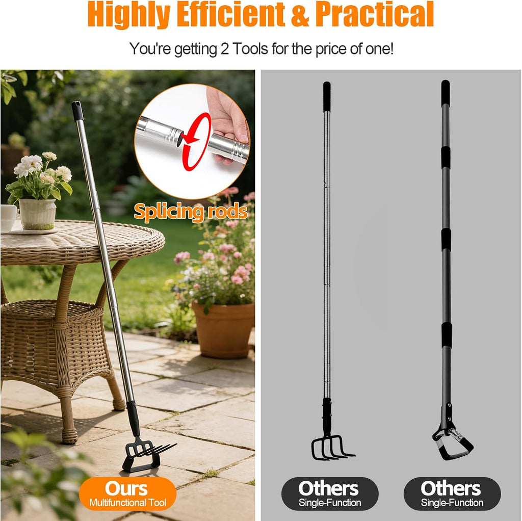 2-in-1 Heavy Duty Garden Hoe with 60" Adjustable Handle, Stirrup Hoe & Cultivator Weeding Rake - Lightweight Gardening