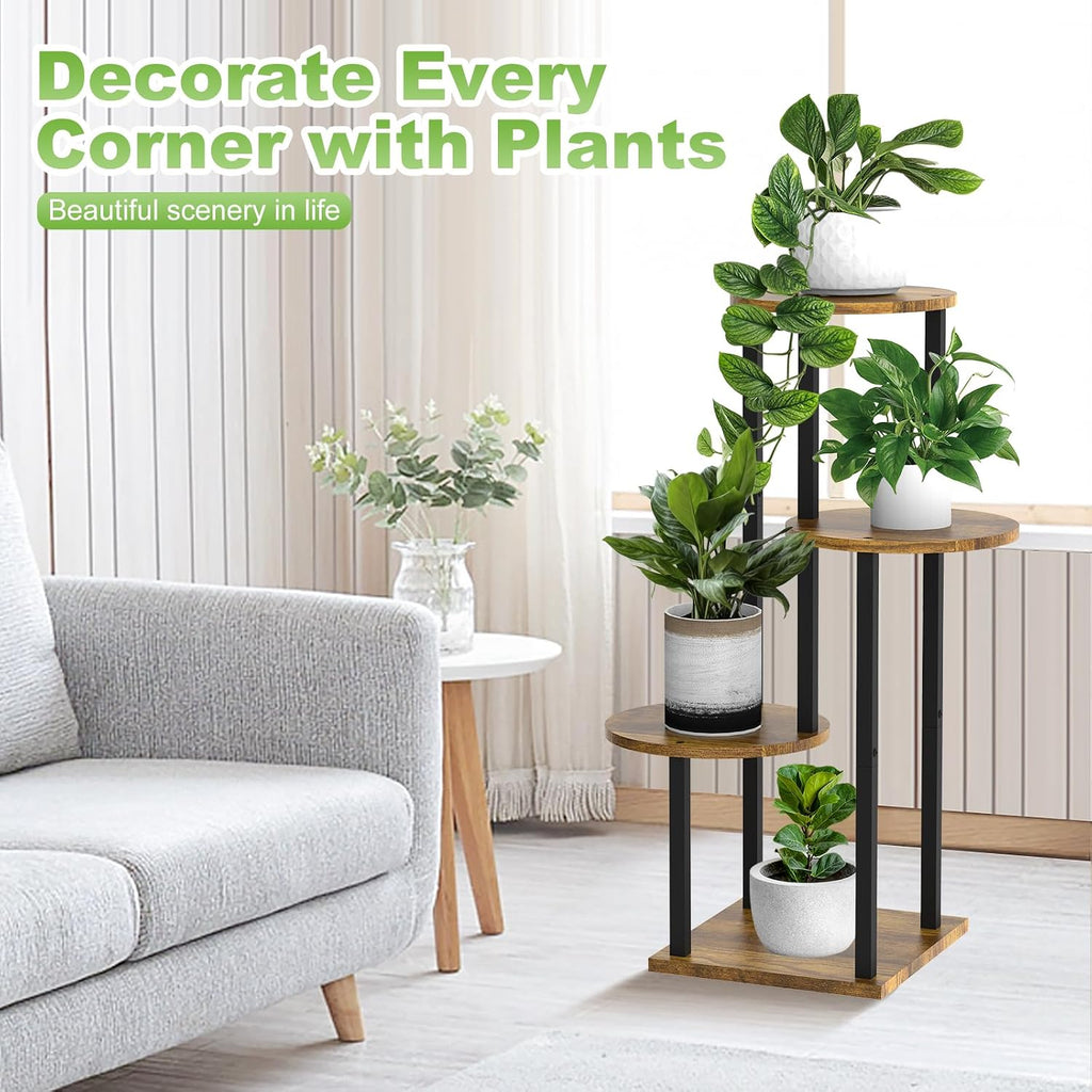 4 Tier Wood Tall Plant Stand Metal Rack Indoor, Multiple Flower Pot Holder Shelves Corner Rack, Round Planter Shelf
