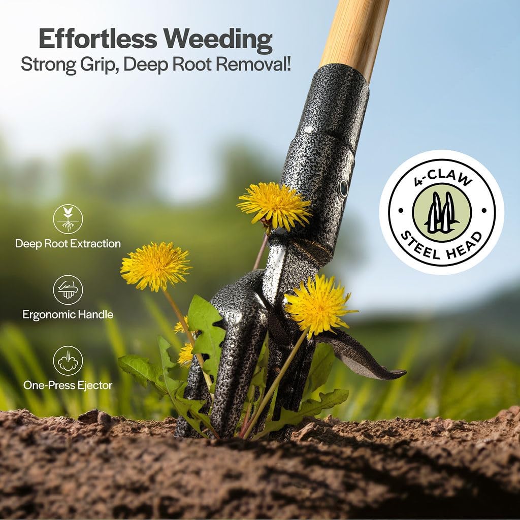 WilFiks Weed Puller Tool, Stand Up Heavy Duty Weed Remover Tool with Long Handle, Foot Platform Design - 4 Claw Steel