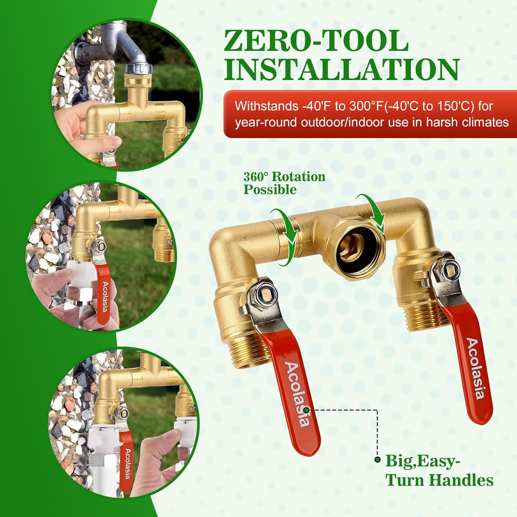 Hose Splitter 2 Way Heavy Duty Brass Garden Hose Splitter with 360° Rotatable, 304 Stainless Steel Long Handle Outdoor