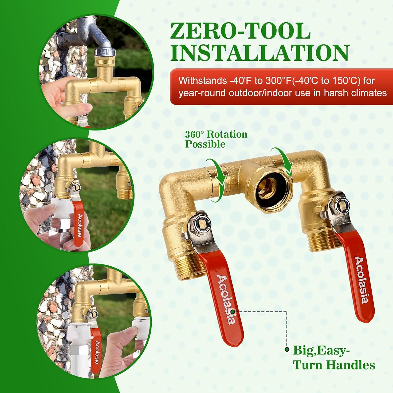Hose Splitter 2 Way Heavy Duty Brass Garden Hose Splitter with 360° Rotatable, 304 Stainless Steel Long Handle Outdoor