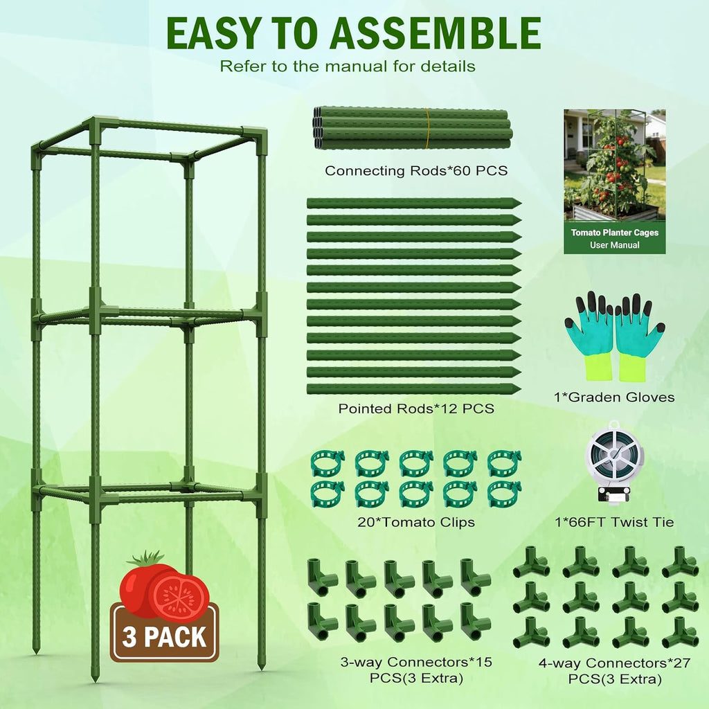 Uyittour 3 Pack Square Tomato Cages for Garden, 45" Heavy Duty Tomato Trellis Plant Support Cages for Raised Garden Bed