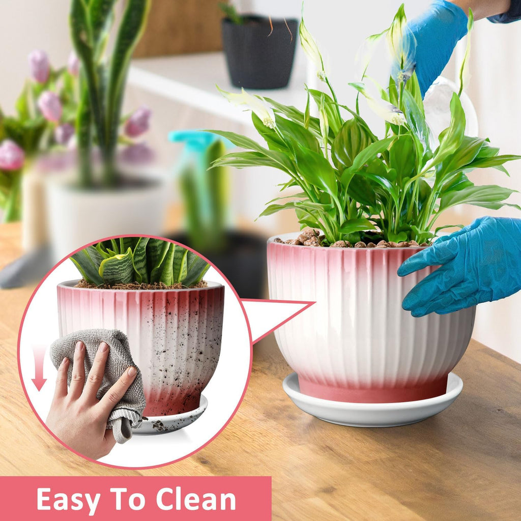 8 Inch Plant Pot, Ceramic Planter with Drainage and Saucer, Ceramic Pots for Plants, Indoor Plant pots,Flower pots(Pink