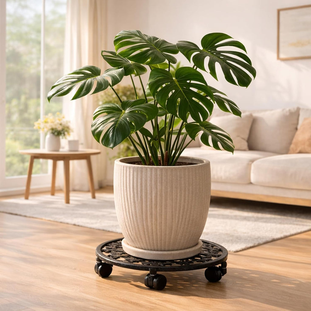 2 Pack Plant Caddy with Wheels, PlanterHoma 14 Inch Metal Plant Stand with Wheels Heavy Duty Wrought Iron Planter Dolly