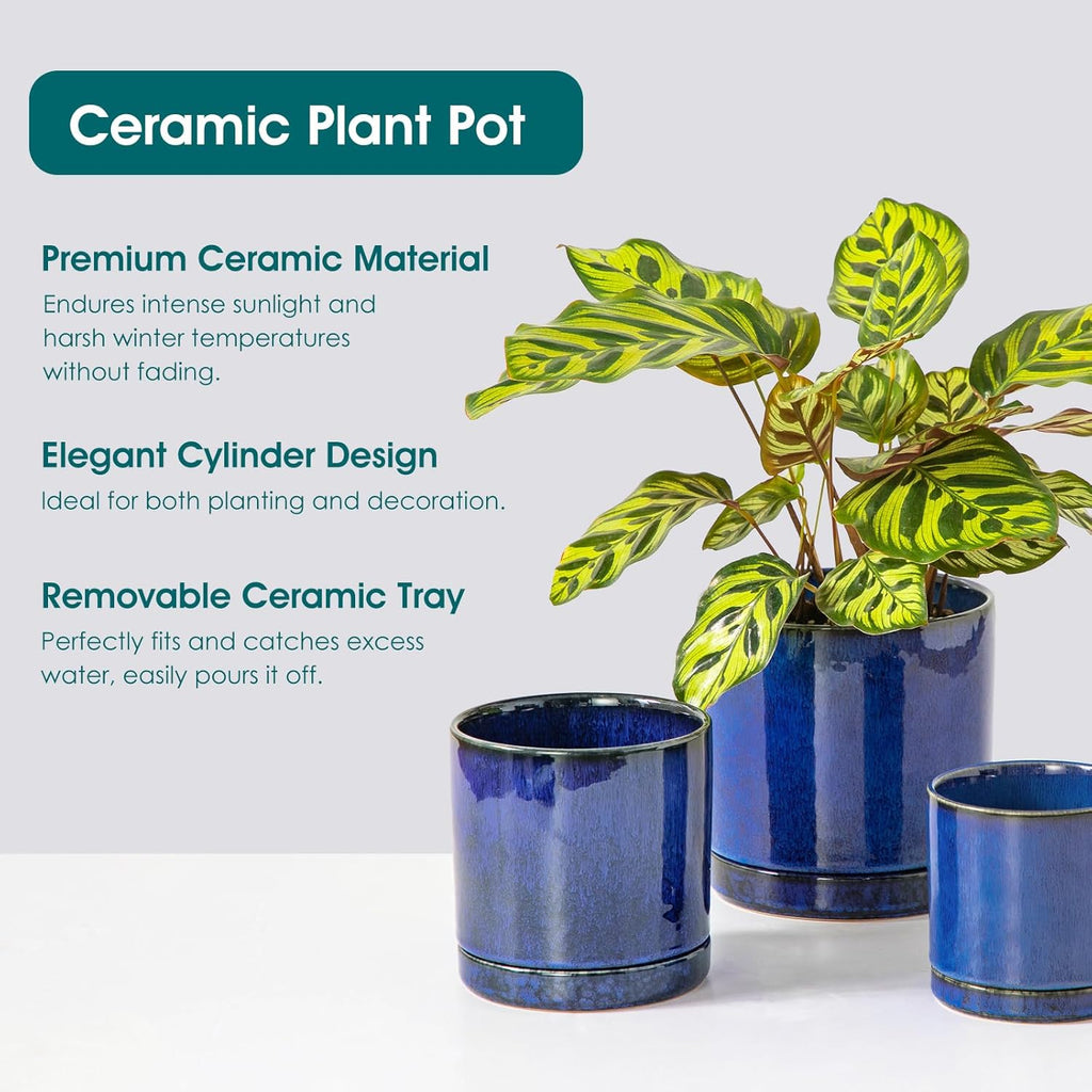 vancasso Ceramic Plant Pots, 3 Piece Planters for Indoor Plants, Blue | 4.25+5.25+6.25 Inch Flower Pots with Drainage