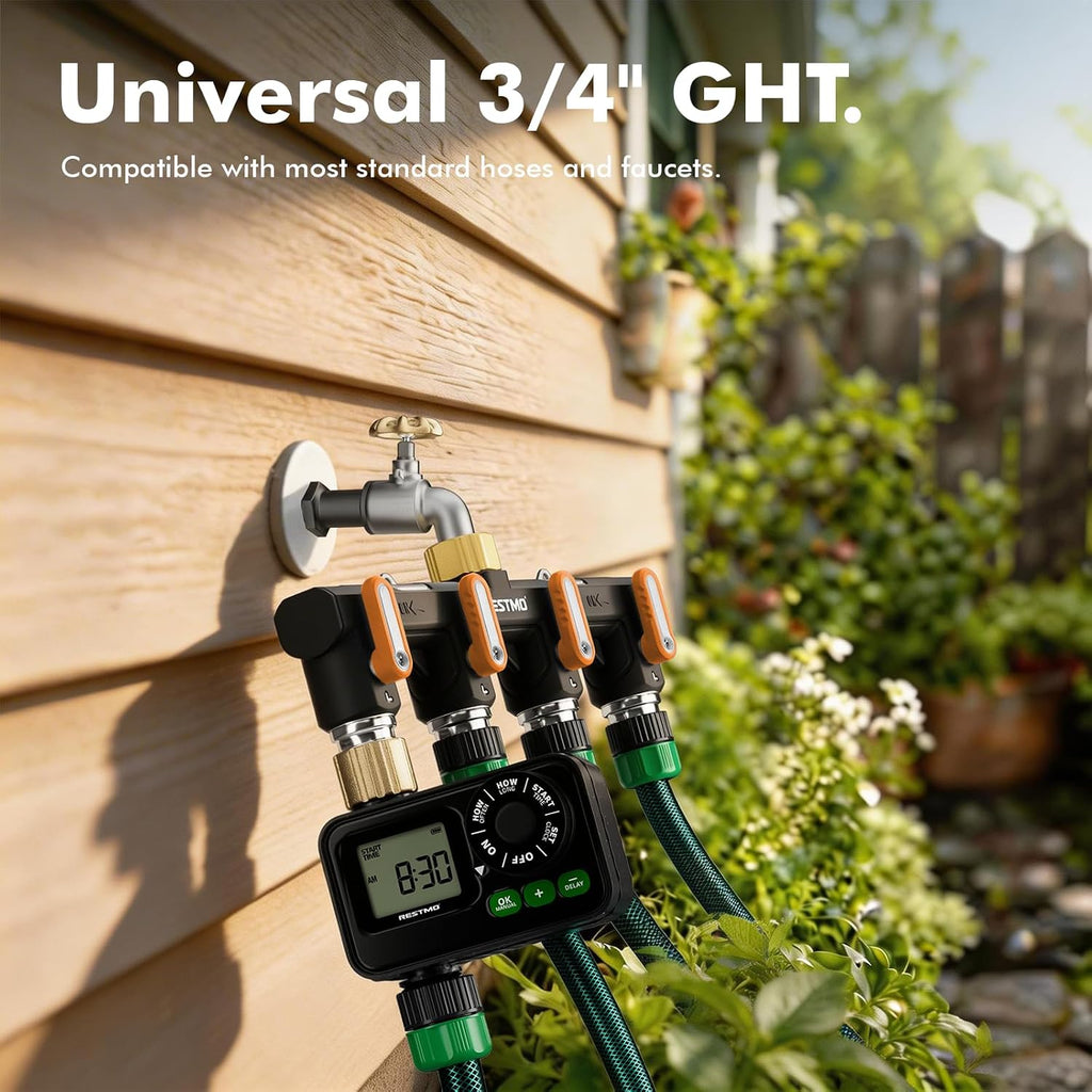 Restmo 4 Way Garden Hose Splitter Heavy Duty Full Metal Body | Water Spigot Splitter with Shutoff Valve, Outdoor Faucet