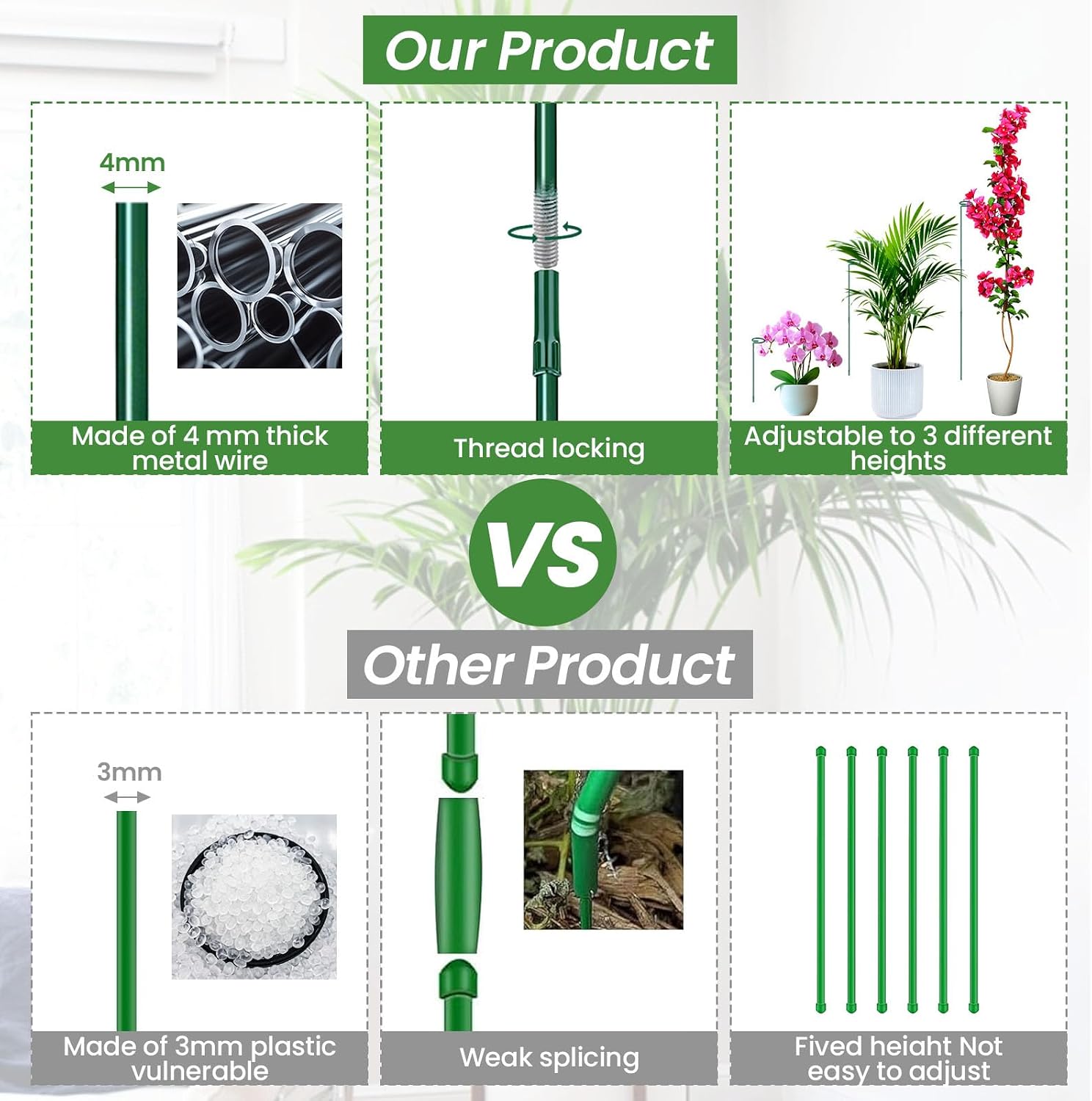 Plant Support Stakes 6 Pack, 12/24/36 Inch Heavy Duty Metal Plant Stakes, Adjustable Garden Plant Support Cages/Rings
