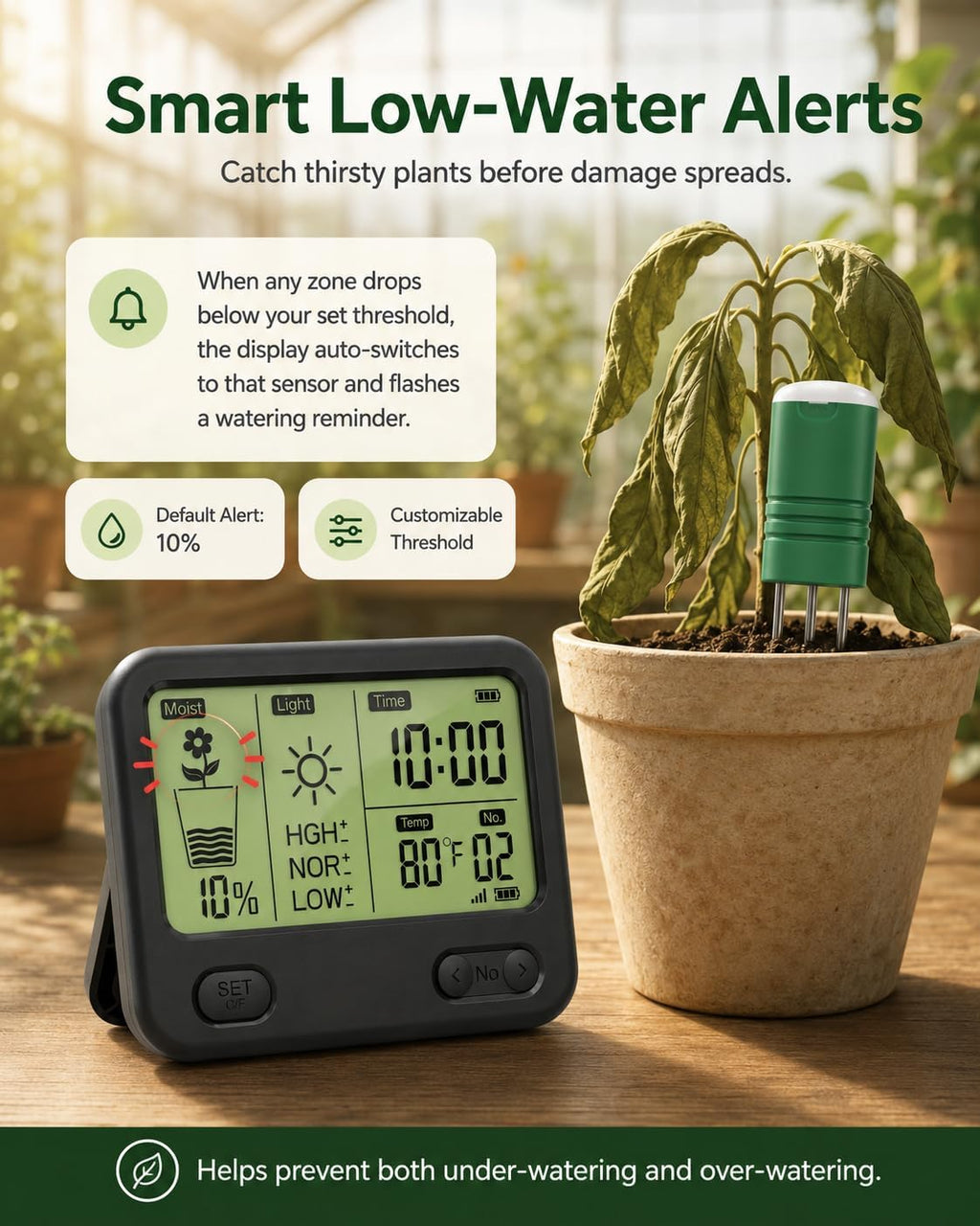 Soil Moisture Meter for Plants, 12-Zone Wireless Plant Water Meter, Soil Thermometer and Light Sensor, 4-in-1 TDR