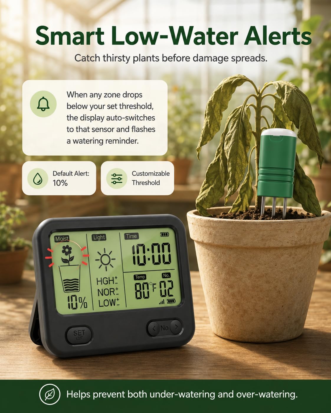 Soil Moisture Meter for Plants, 12-Zone Wireless Plant Water Meter, Soil Thermometer and Light Sensor, 4-in-1 TDR