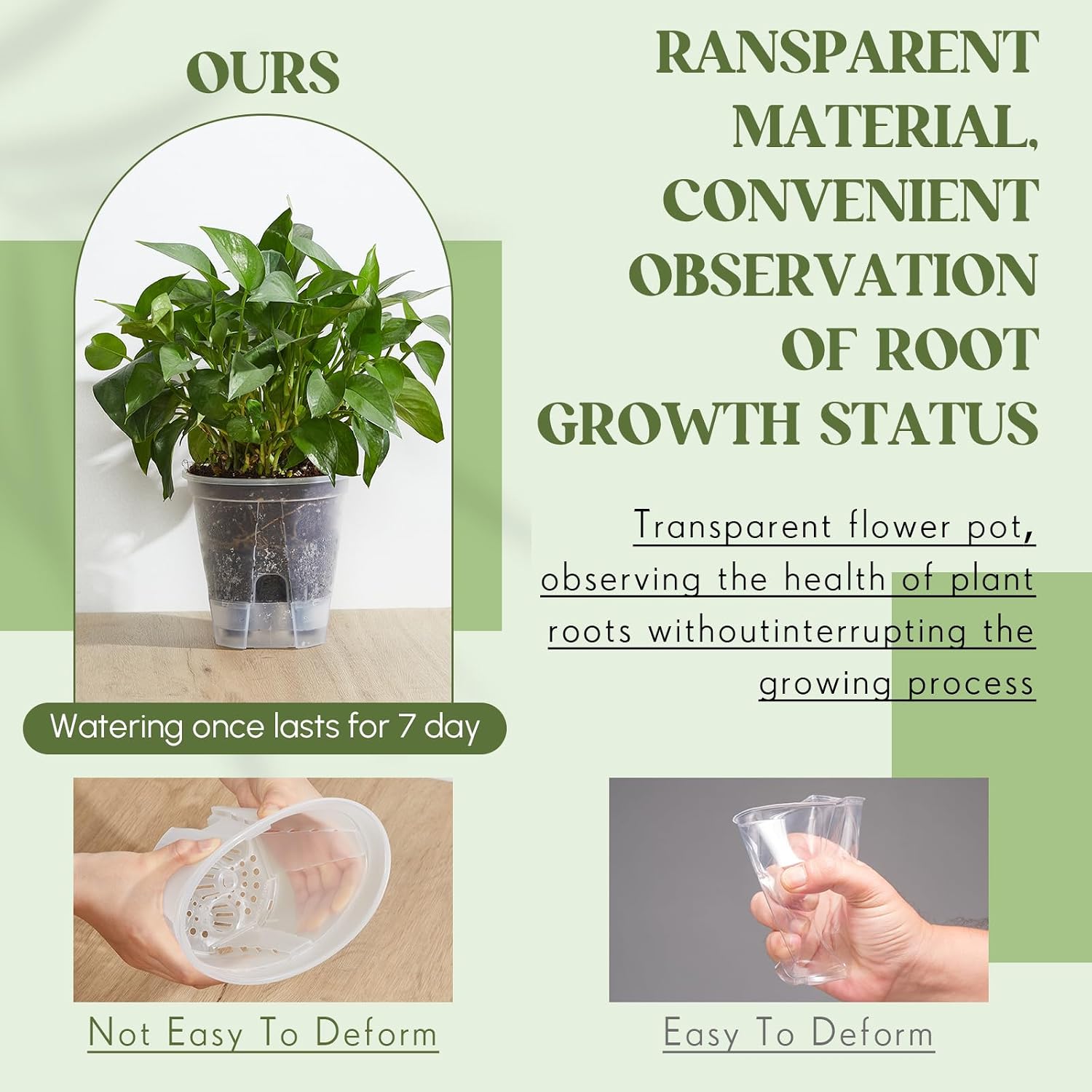 Self Watering Planters, Deep Reservoir Pots for Indoor Plants | Clear plastic planters in 3 sizes store water for 7-10