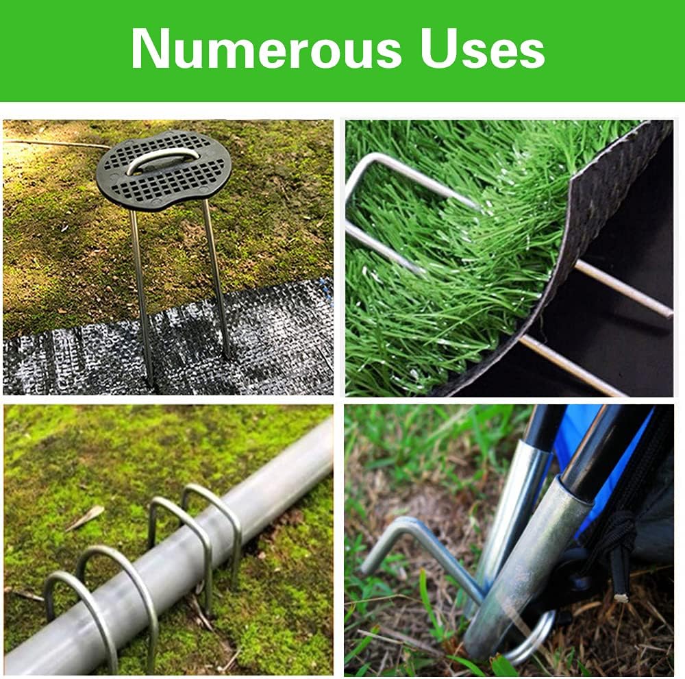 100Pcs Garden Stakes Staples + 100Pcs Gasket, Bakulyor 6 Inch Lawn Landscape Staples 11 Gauge U Shaped Galvanized