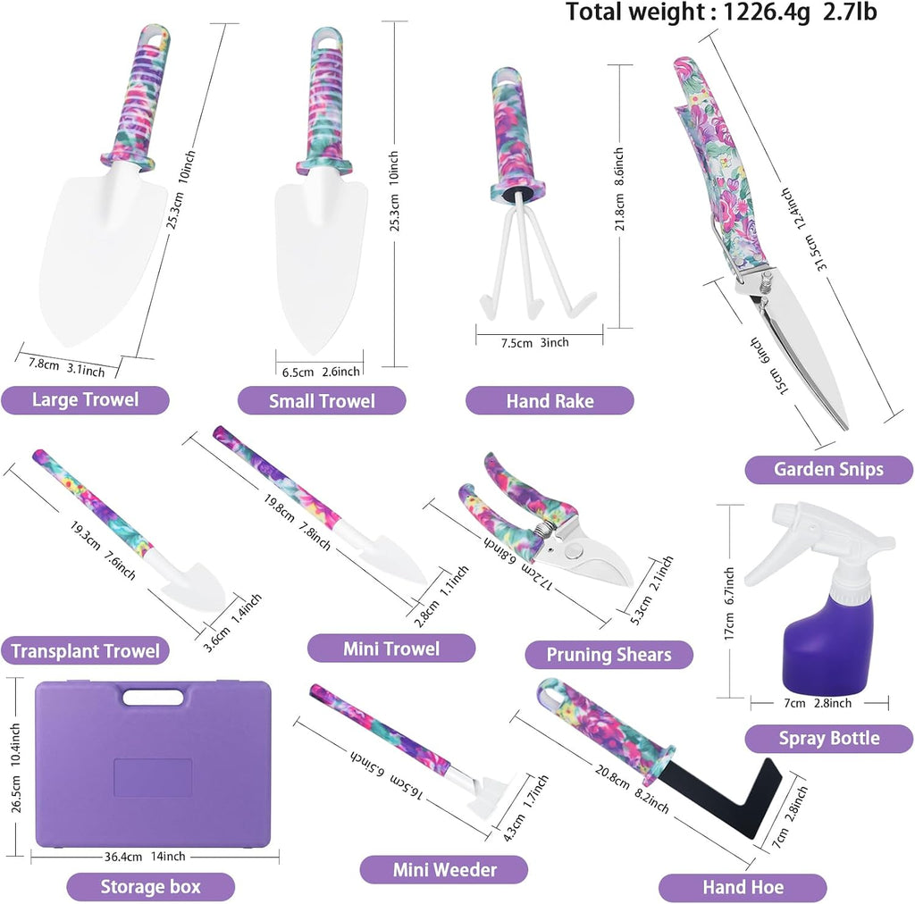 10-Piece Garden Tool Set with Sturdy Carrying Case – Purple Floral Gardening Set for Women – Ergonomic Garden Hand
