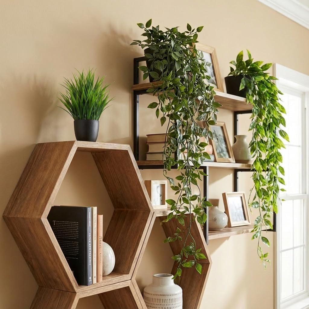 5 Pack Fake Plants - Artificial Hanging Plants & Small Potted Faux Eucalyptus Fern Ivy, UV Resistant Maintenance-Free