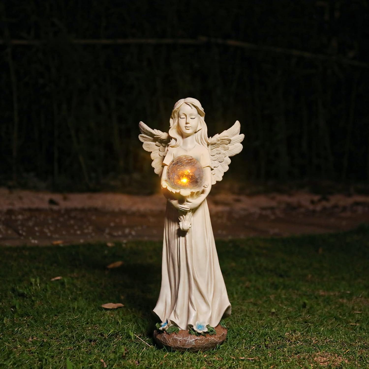 Garden Angels Outdoor Statue, Solar Angel with Crackled Glass Globe | 16.3'' Resin Angel Statue with Warm Led Lights