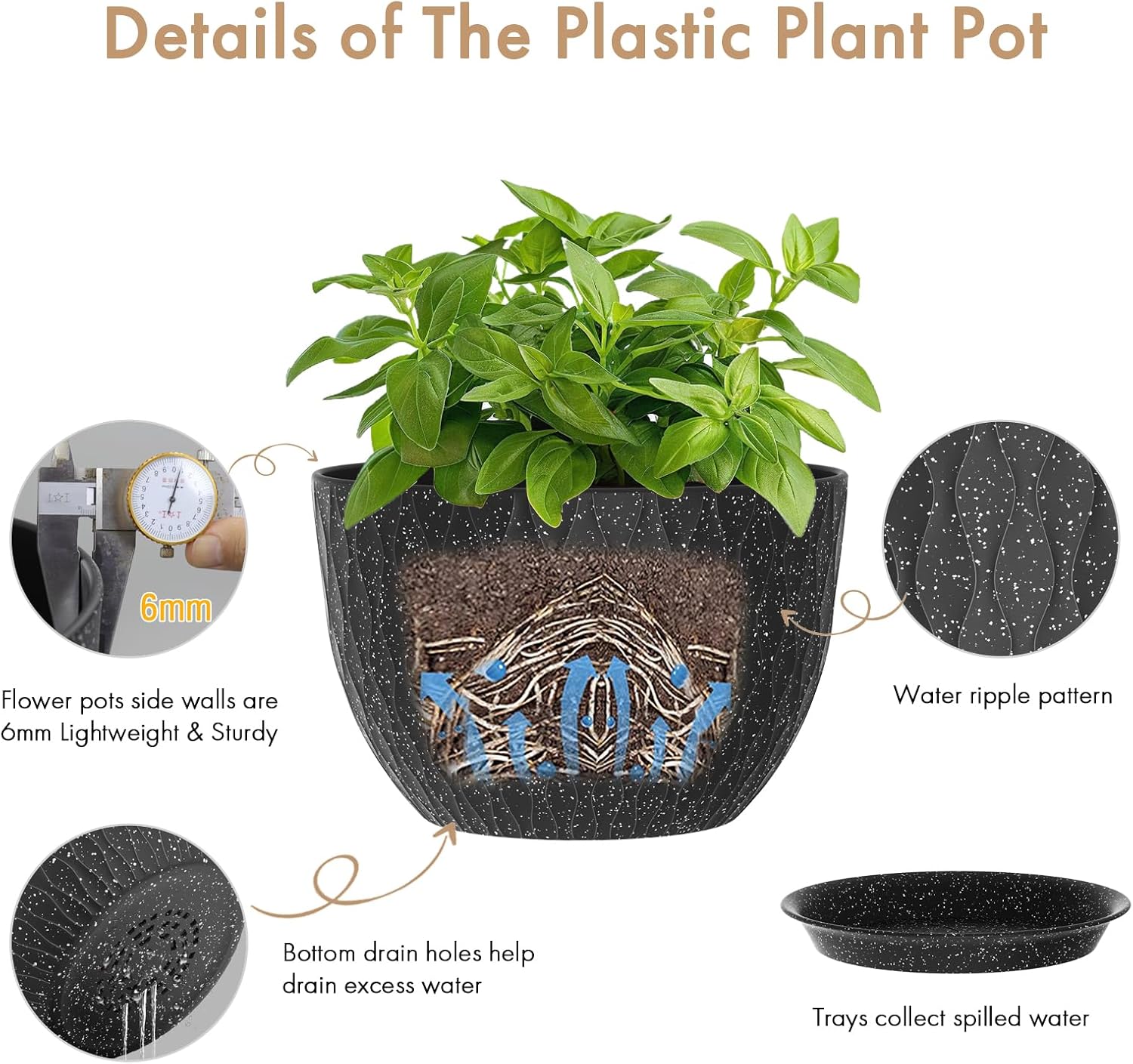 WSMKSZ 12 Inch Wide Water Ripples Flower Pots for Indoor or Outdoor Plants, Large Plant Pots with Drainage Holes &