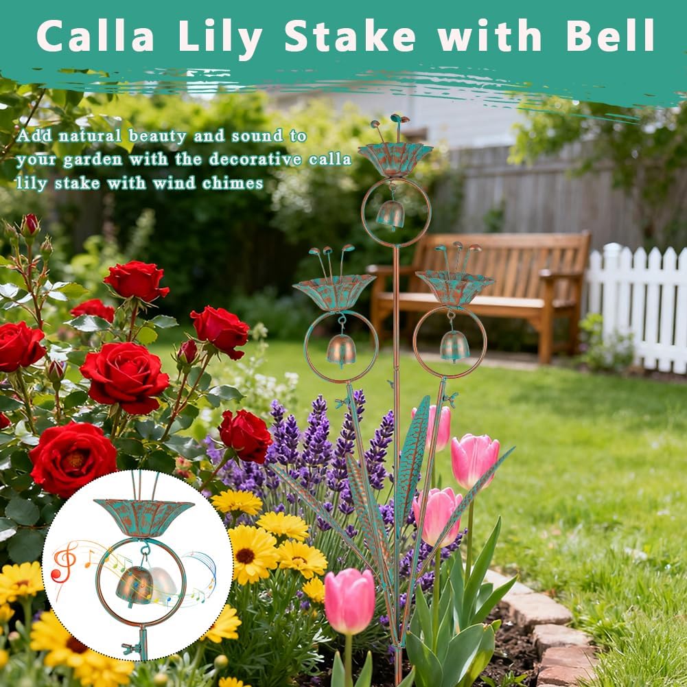 Calla Lily Garden Stake with Bells | Metal Flower Decorative Garden Stakes, 34" H Yard Art for Outdoor Lawn Patio