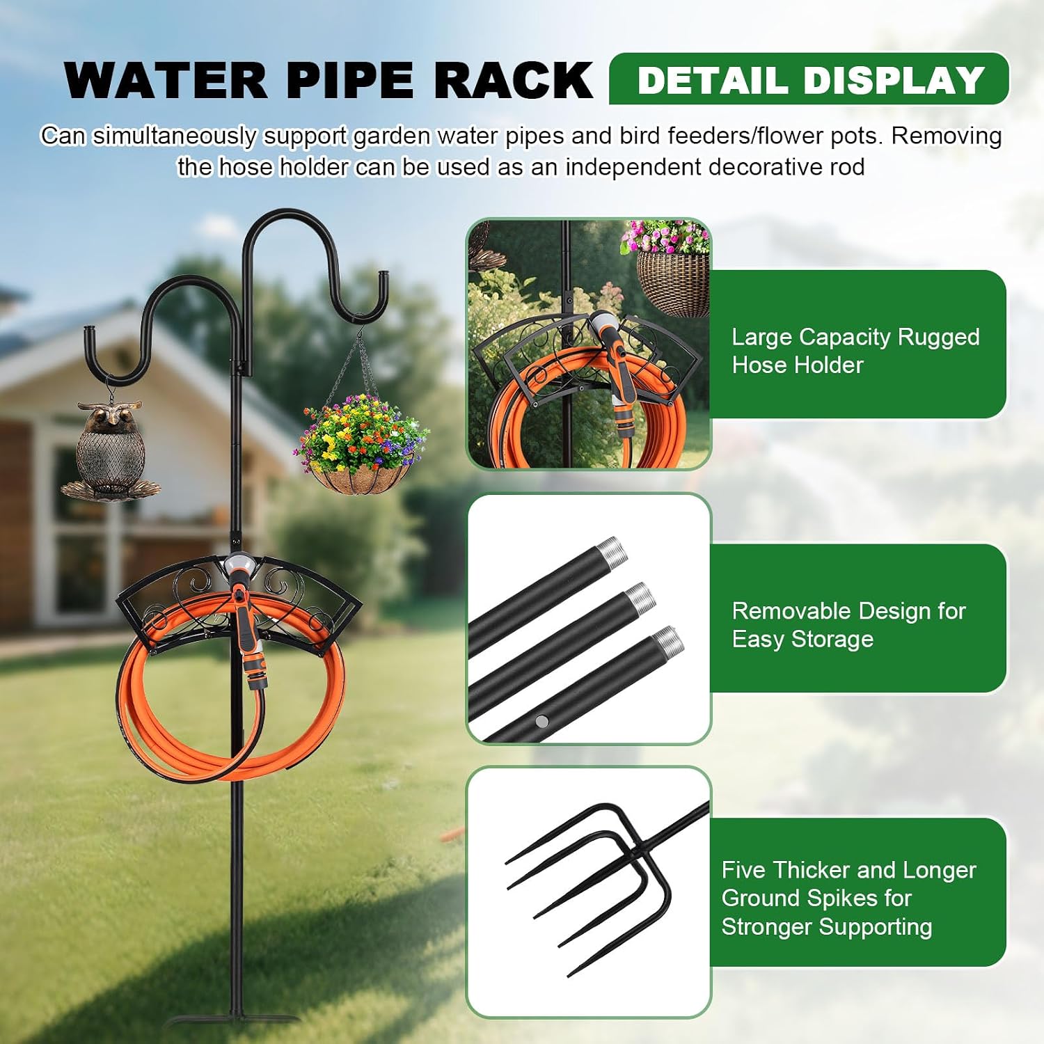 Garden Hose Holder, Freestanding Hose Stand for Outside, 150FT Hose Storage Organizer with 5-Prong Base and Shepherd