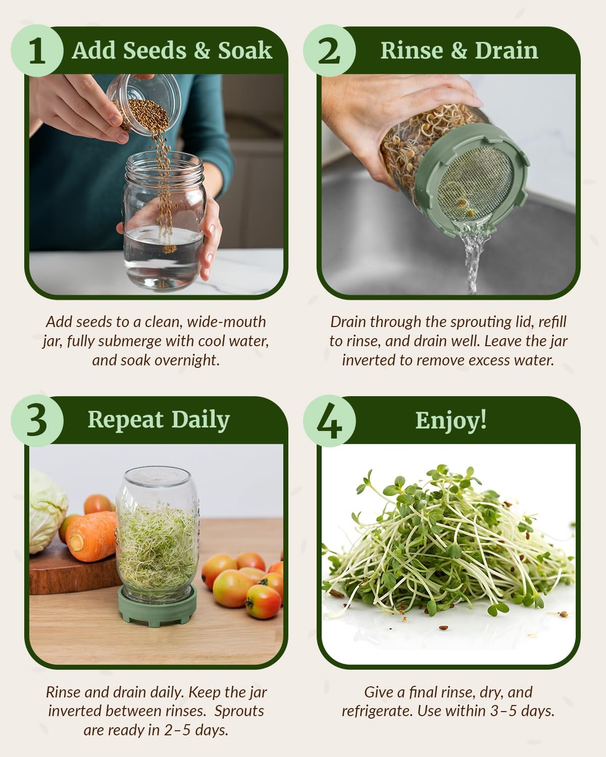 Elementi Sprouting Jar Kit - Set of 2 Wide Mouth Mason Jars with Sprout Lids & Stainless Steel Mesh Screen - Seed