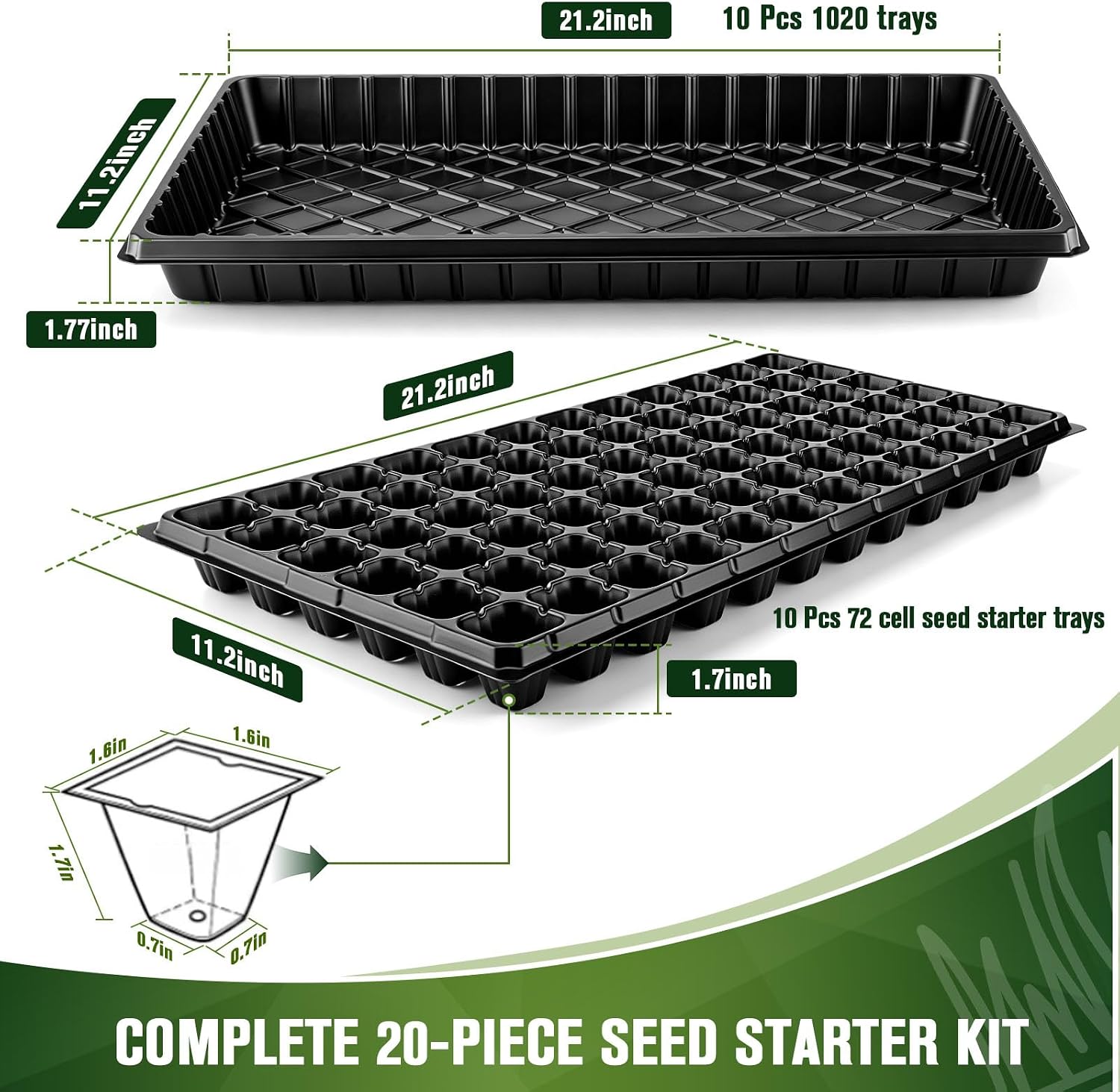 20 Pack Seed Starter Trays Heavy Duty Plastic Seedling Trays kit | Reusable 10Pcs 1020 Trays + 10Pcs 72 Cell Seed Trays