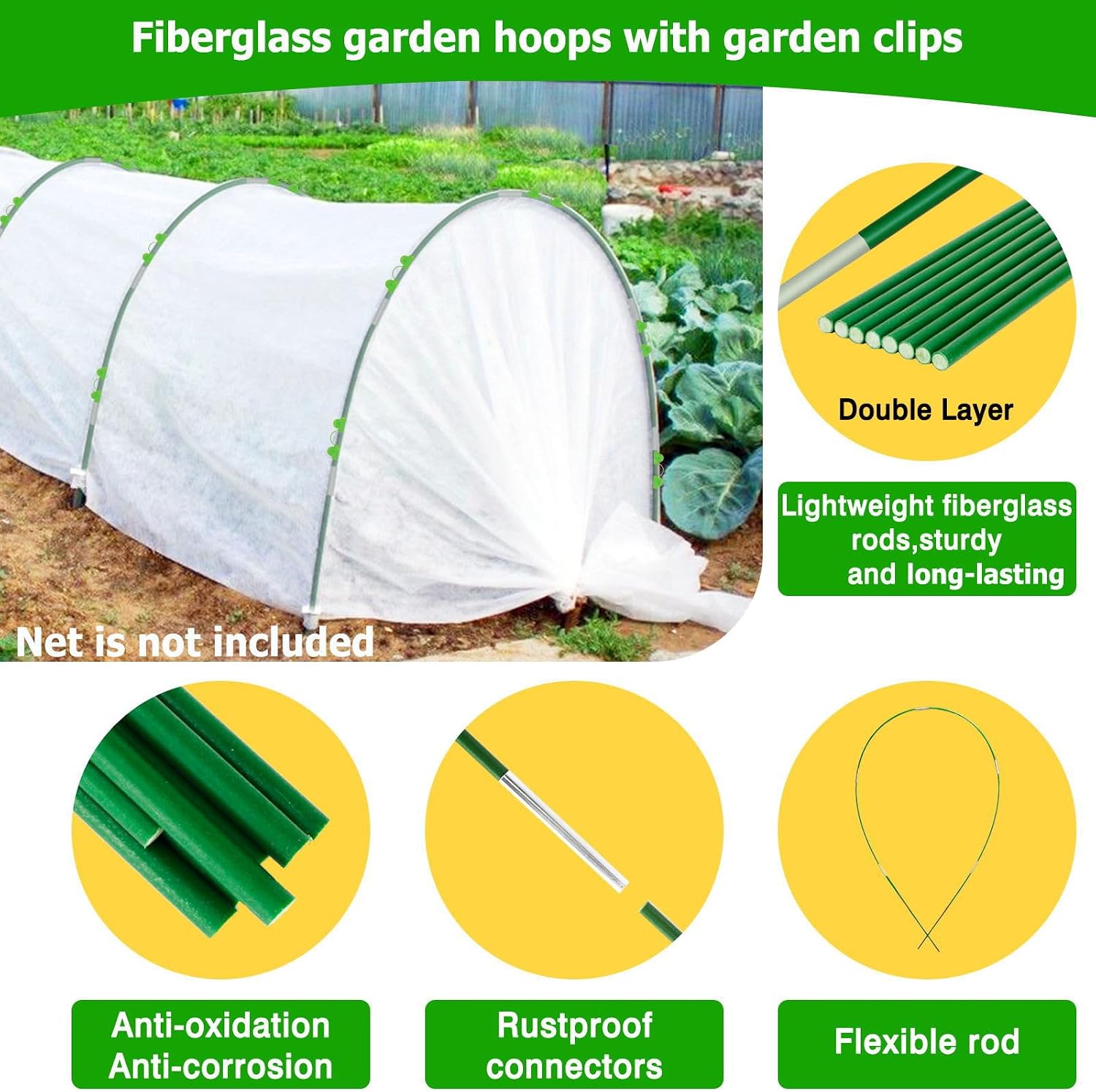 60pcs Garden Hoops for Raised Beds Wide, 8ft Greenhouse Hoops Grow Tunnel for Row Cover Netting, Adjustable Fiberglass