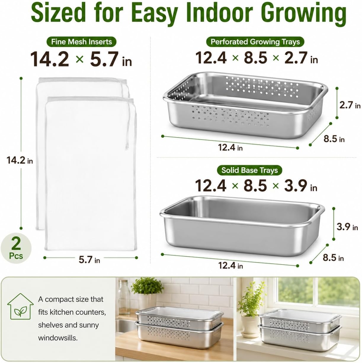 2 Pack Stainless Steel Seed Sprouter Tray Kit with Mesh Inserts | Raised drainage design supports cleaner rinsing, even