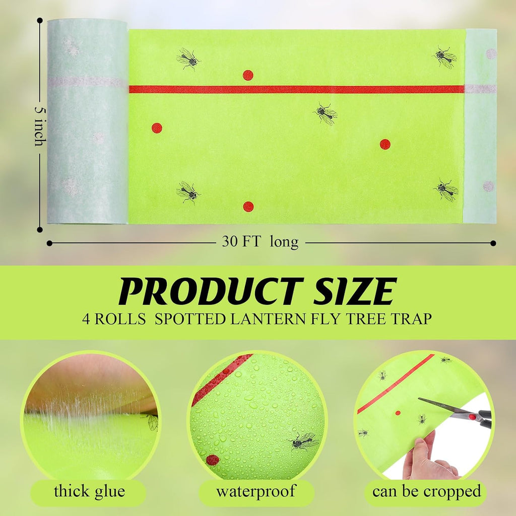 Qualirey 4 Rolls Spotted Lantern Fly Tree Tape Trap 30ft,Green | Sticky Paper for Orchard Protection, Outdoor Pest