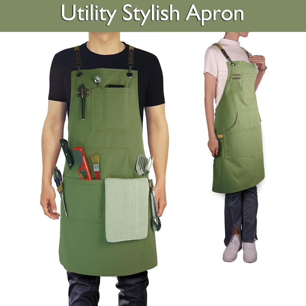 Kitchen Apron, Work Apron, Canvas Apron, Olive | Multiple Pockets, Gardening, Painting, BBQ, Artist, Carpenter, Sizes M