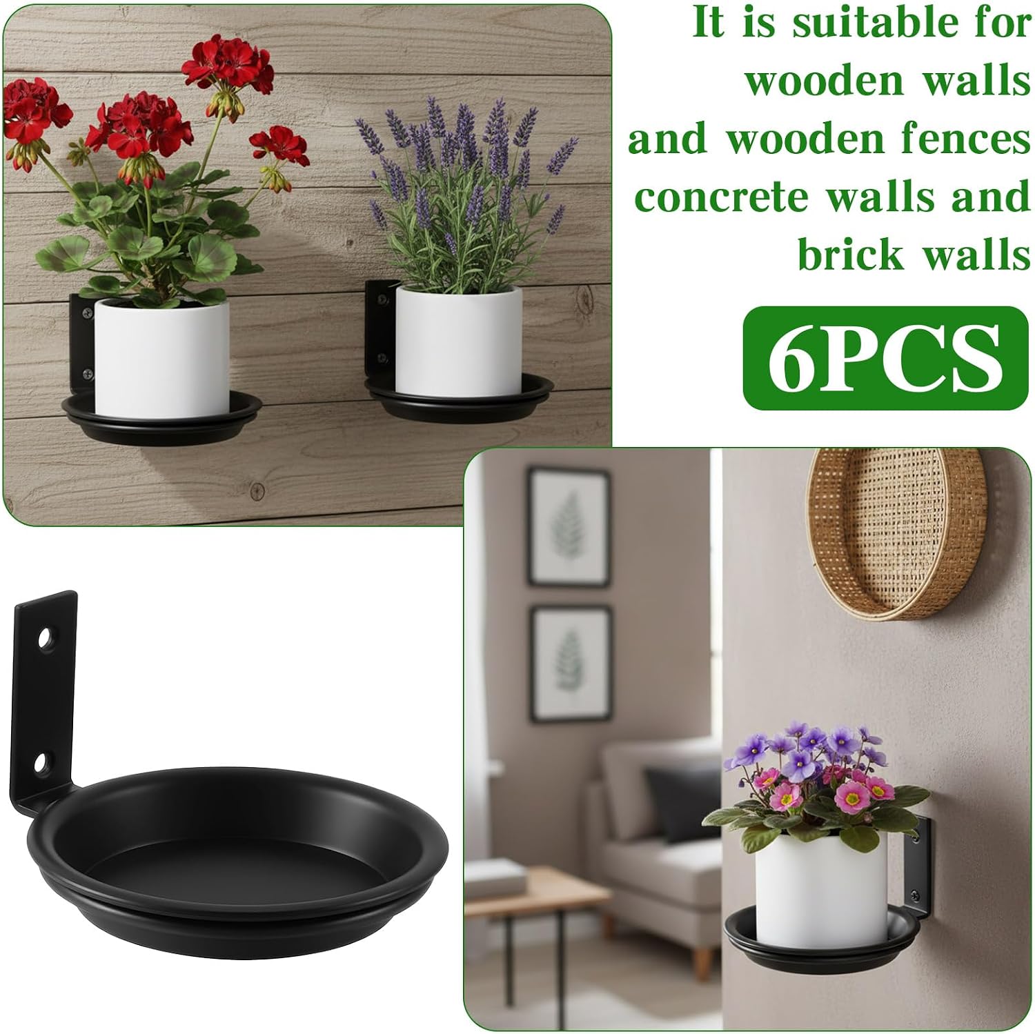 6 Pack 6'' Wall Mount Plant Holder with 8 Replaceable Trays, Heavy Duty Metal Flower Pot Holder Ring, Plant Hanger for