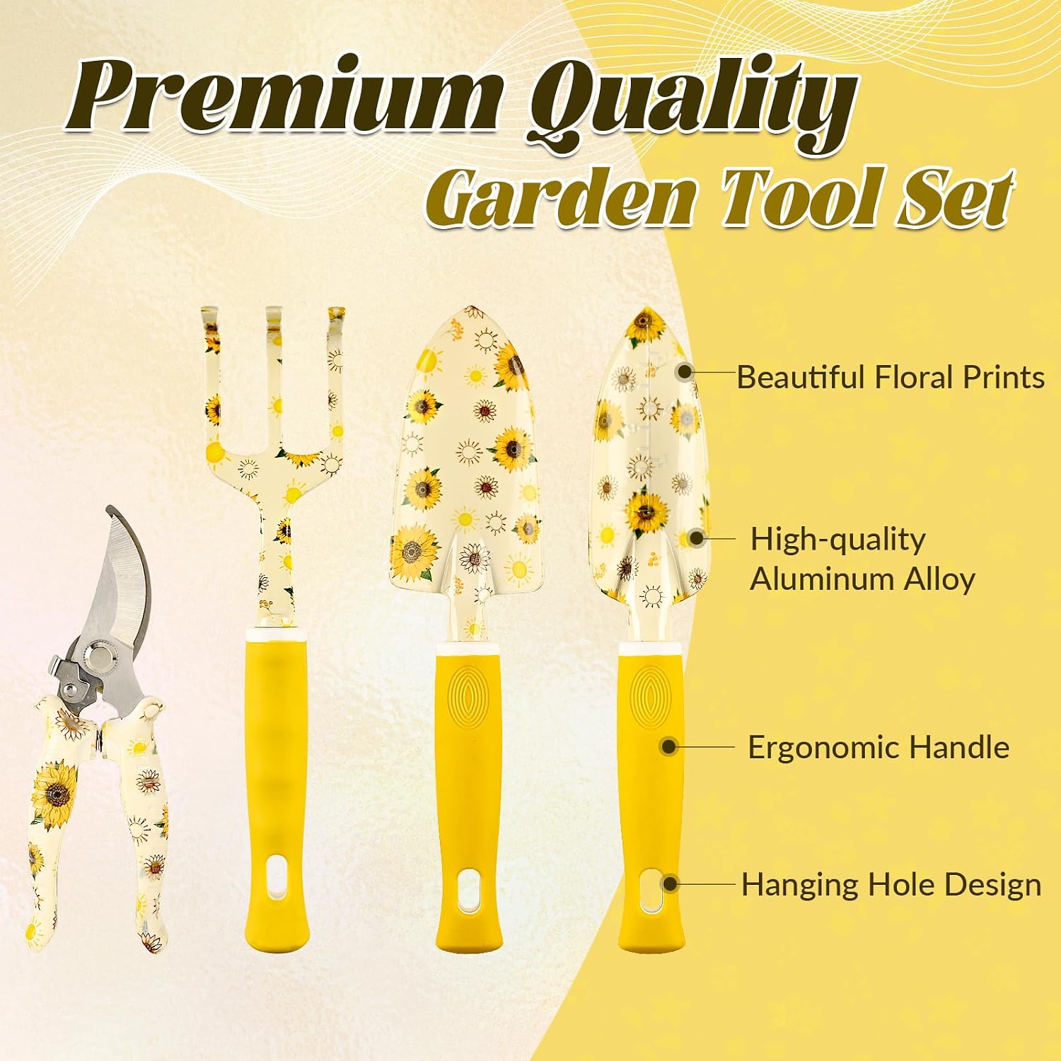 Lifecapido Gardening Gifts for Women, Gardening Hand Tools, 9 PCS Sunflower Garden Tool Set Kit with Garden Tool Bag
