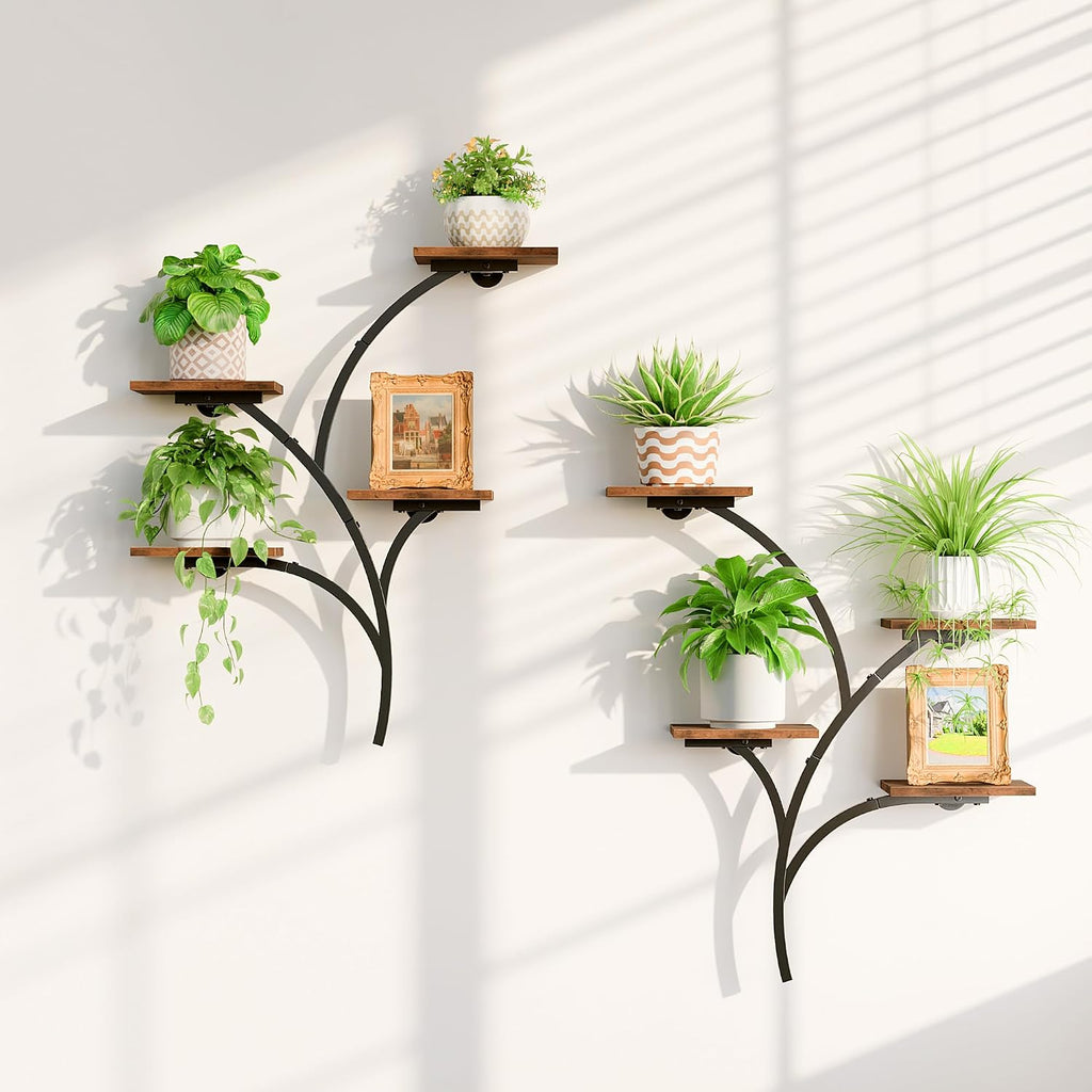 2 Pack Wall Mounted Plant Holder, 8-Tier Wall Planters for Indoor Plants | Metal and Wood Wall Planters, Easy To