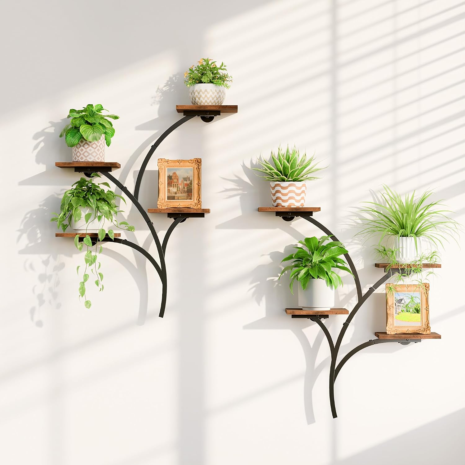 2 Pack Wall Mounted Plant Holder, 8-Tier Wall Planters for Indoor Plants | Metal and Wood Wall Planters, Easy To