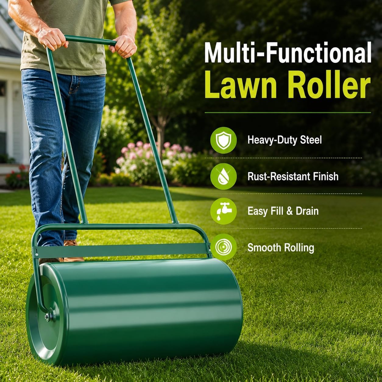 Lawn Roller, Heavy-Duty Push/Tow Behind Water/Sand Filled Garden Drum Roller for Park, Garden, Yard, Ball Field