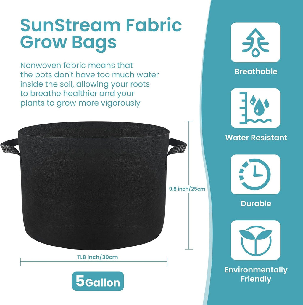 SunStream 5 Gallon Grow Bags 10 Pack | Heavy Duty 300G Thickened with Handles Nonwoven Fabric Garden Pots for Indoor