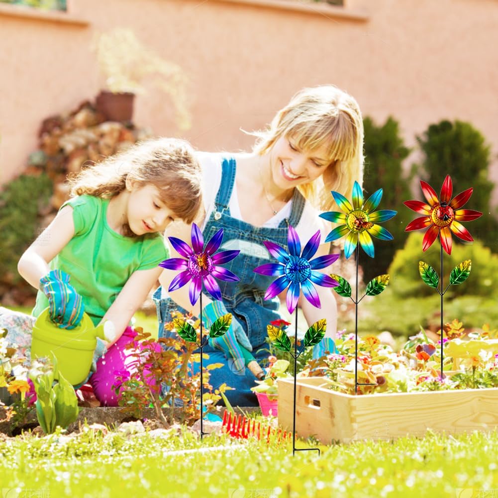 4 Packs Wind Spinner Outdoor, Pinwheels for Yard and Garden, Metal Flower Decorative Garden Stakes for Lawn Patio Porch