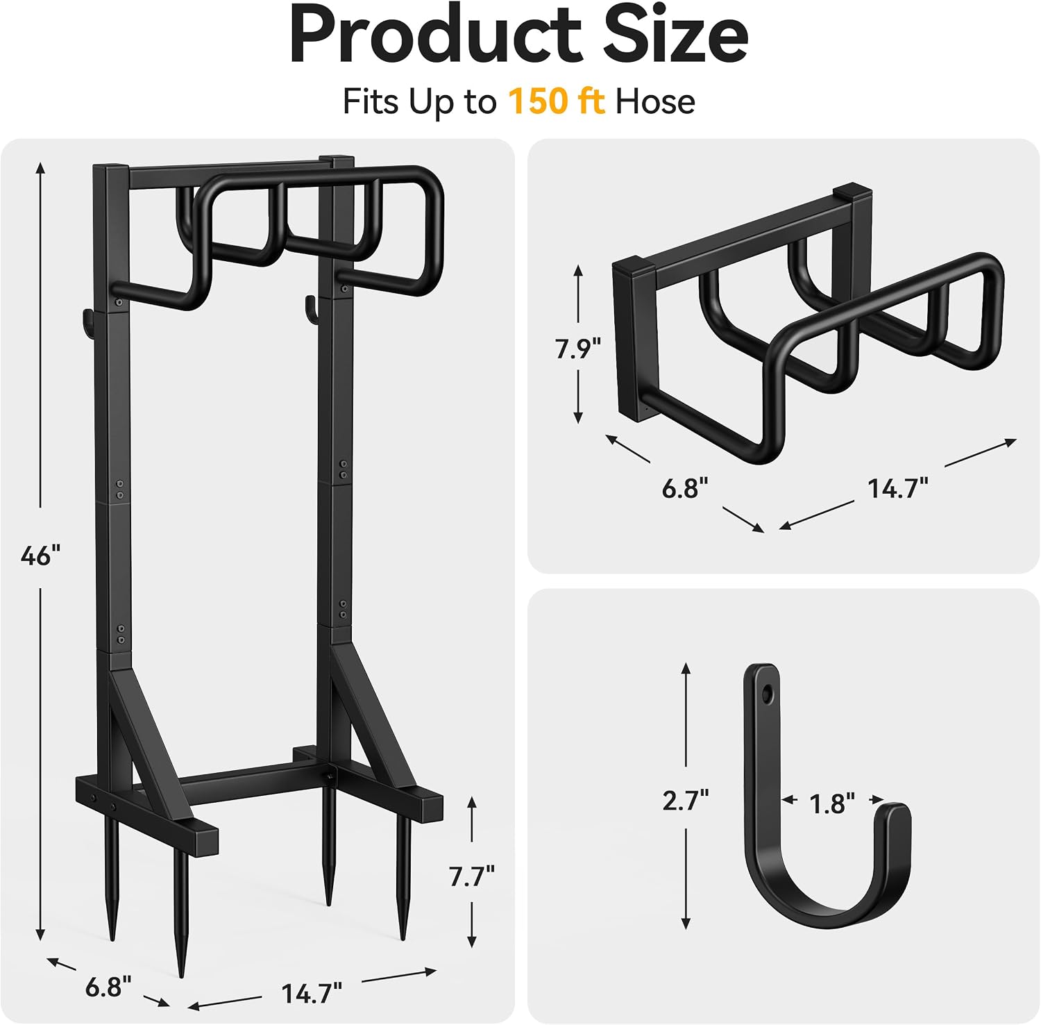 Garden Hose Holder Stand, Freestanding Heavy Duty Metal Hose Holder with Stable Base and Tool Hooks, Rustproof Water