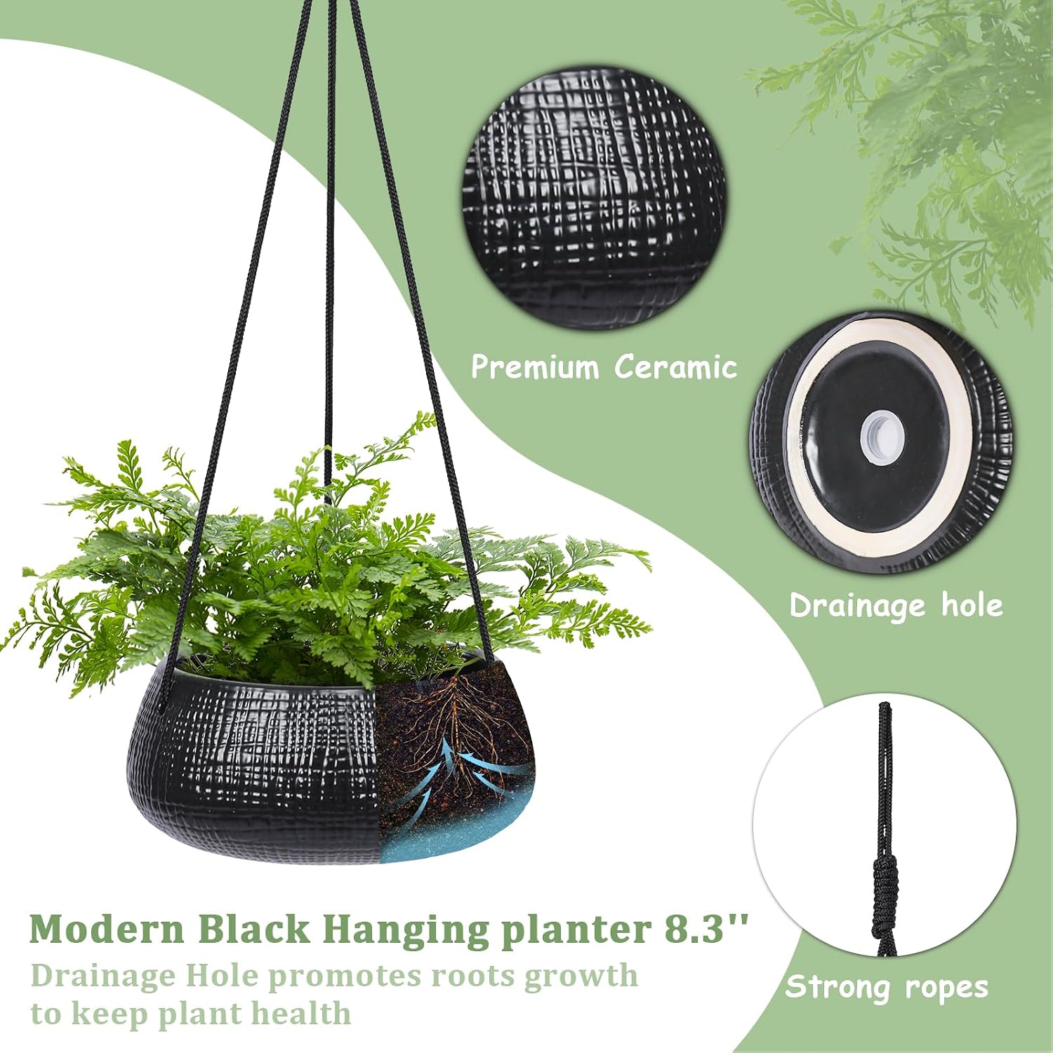 8 Inch Hanging Planter for Indoor Plant, Ceramic Black Flower Pot | Modern Textured Design, Drainage Hole, for Indoor