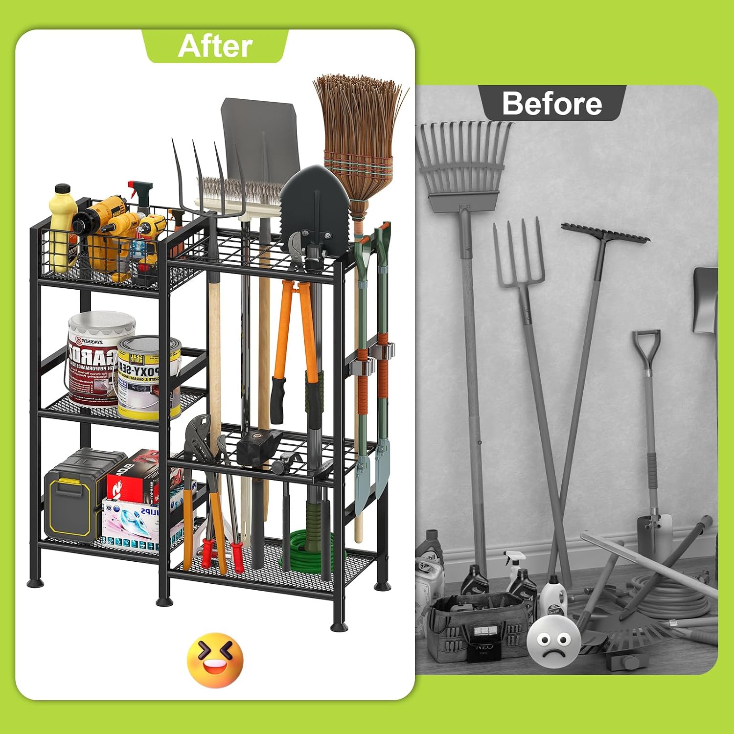Garden Tool Organizer with Basket, 3-Tier Yard Storage Rack for Garage | 35 Long-Tool Slots: Steel rack adds 11 hooks