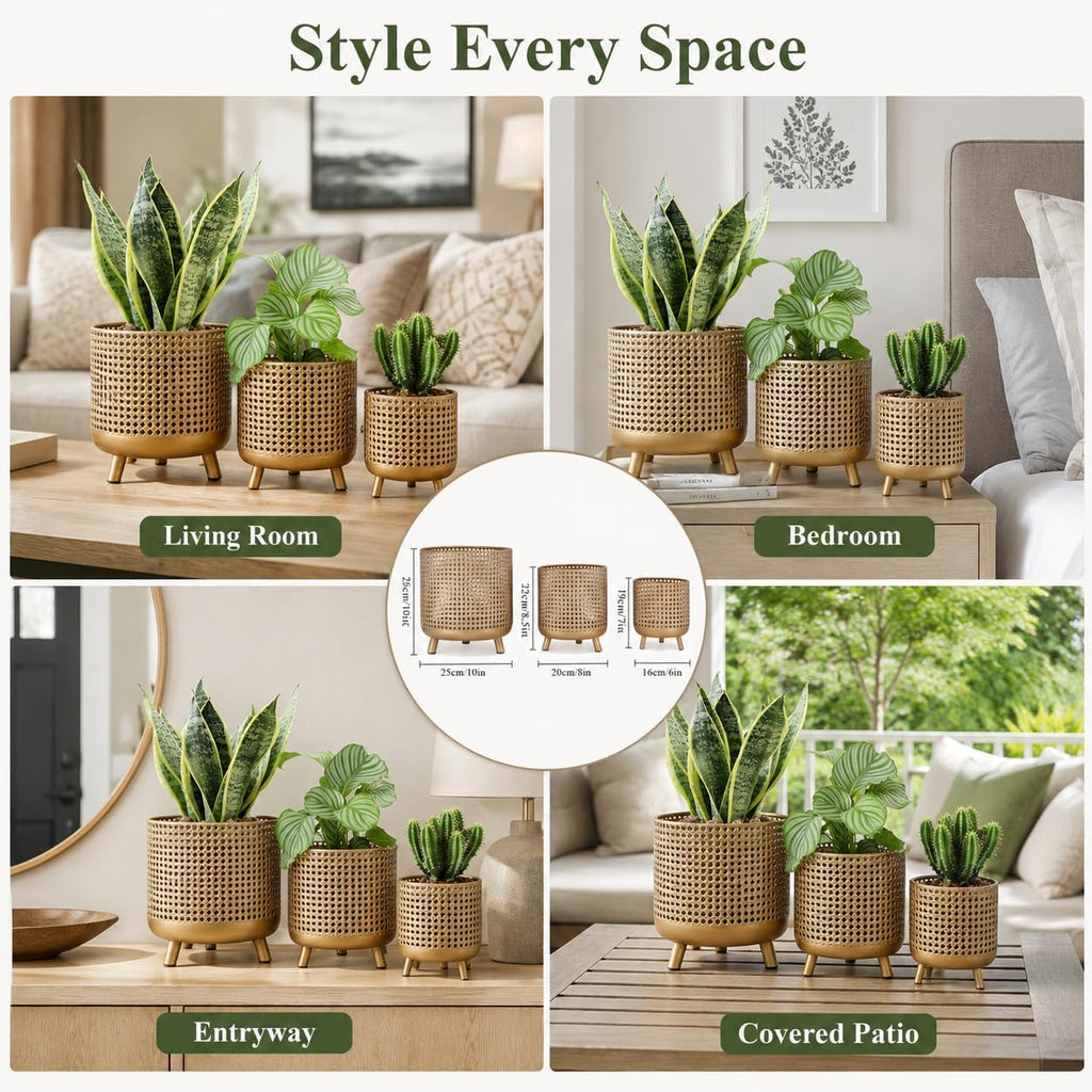 JHY DESIGN Set of 3 Plant Pots 10/8.5/7''H Metal Decoration Flower Pots with Hollow Design Large planters for Indoor &