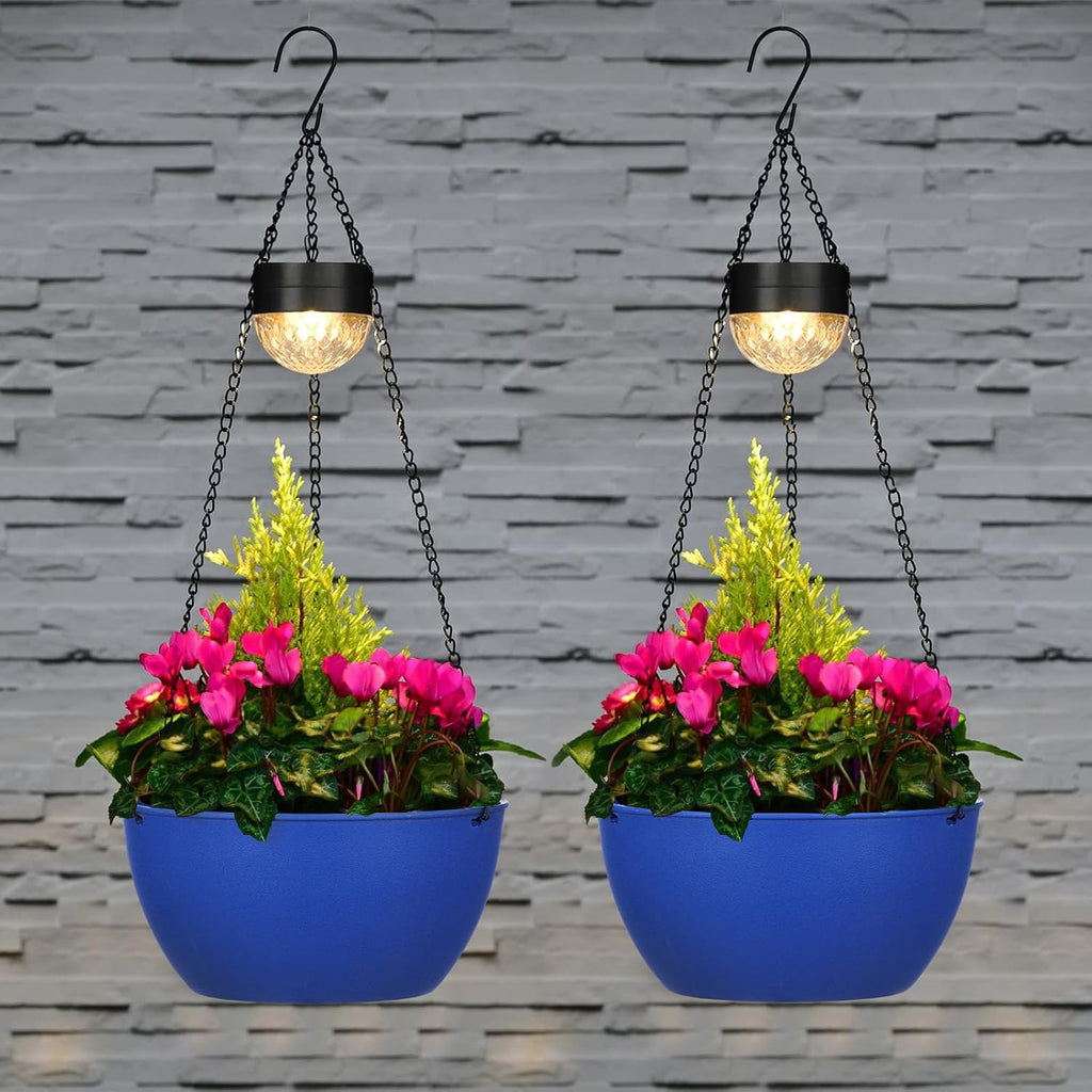BAYN 2 Packs Solar Hanging Basket Planters for Plants Outdoor | Self Watering, Blue Flower Pots with Solar Light