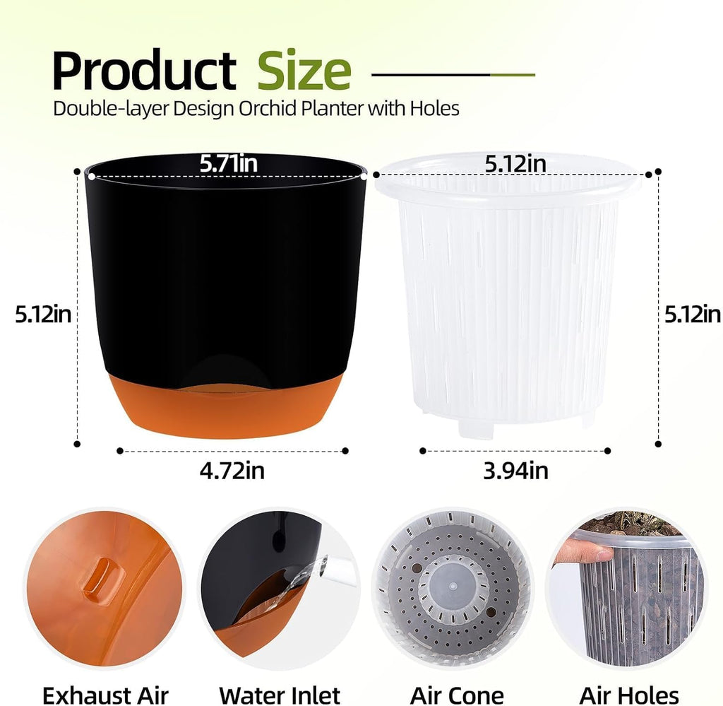 QCQHDU 5.7Inch Orchid Pots with Holes for Repotting, Double-Layer Plastic Self Watering Flower Pots for Indoor Plants