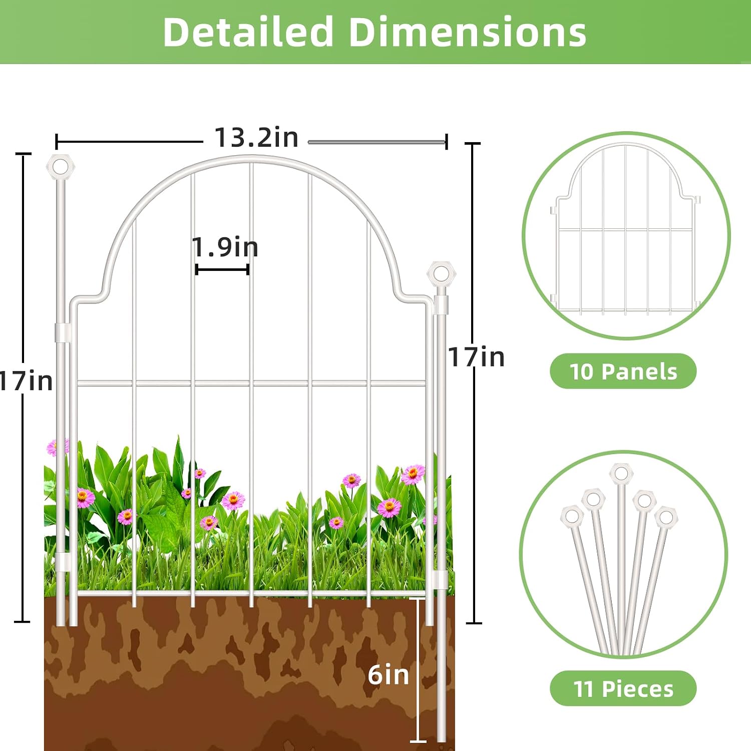30 Pack White Decorative Garden Fence, 17in(H) x 32ft(L), with Ground Stake | Arched Rustproof Metal No Dig Garden
