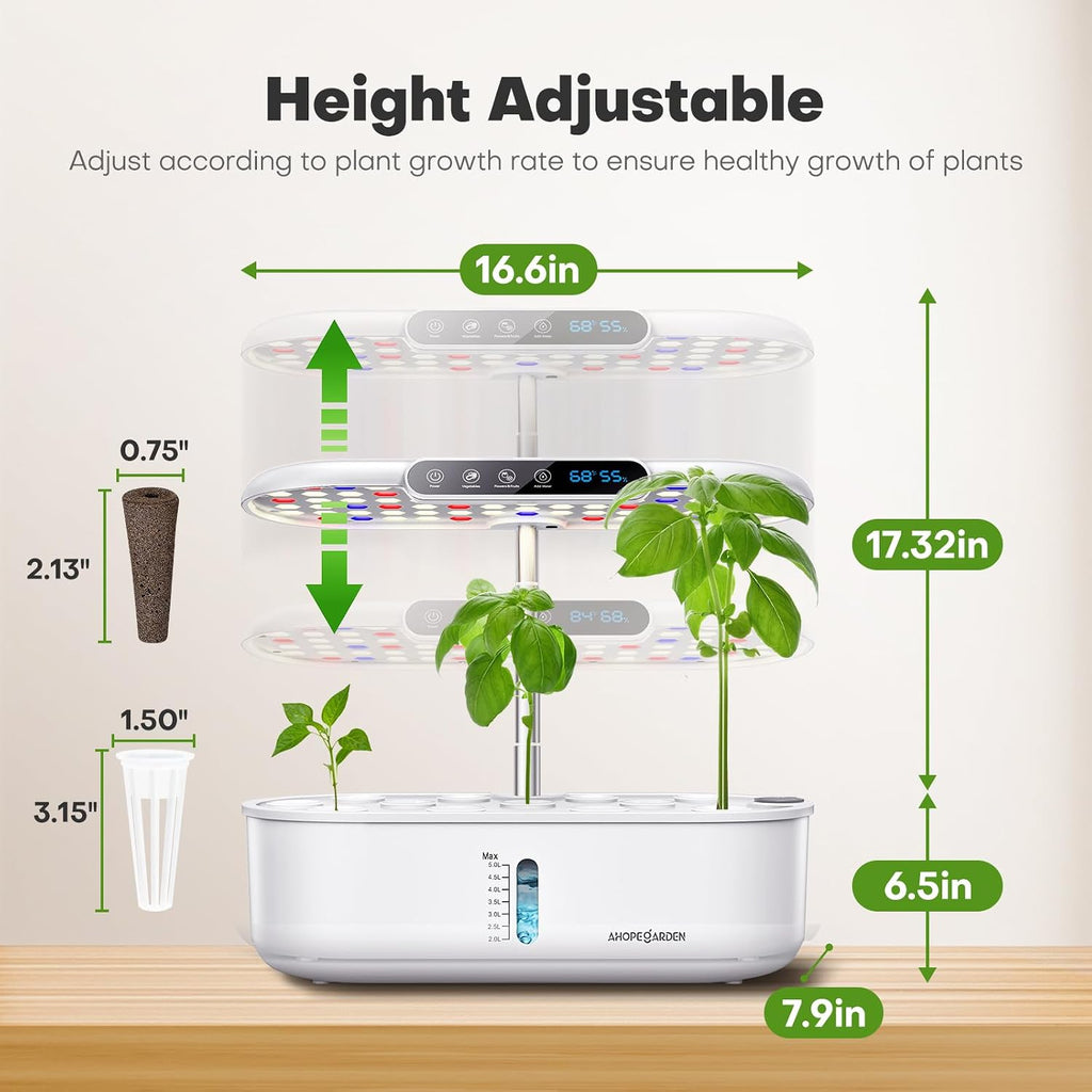 Hydroponics Growing System with 12 Pods, Indoor Garden Kit with LED Grow Light & LCD Temp Humidity Display, Smart Quiet