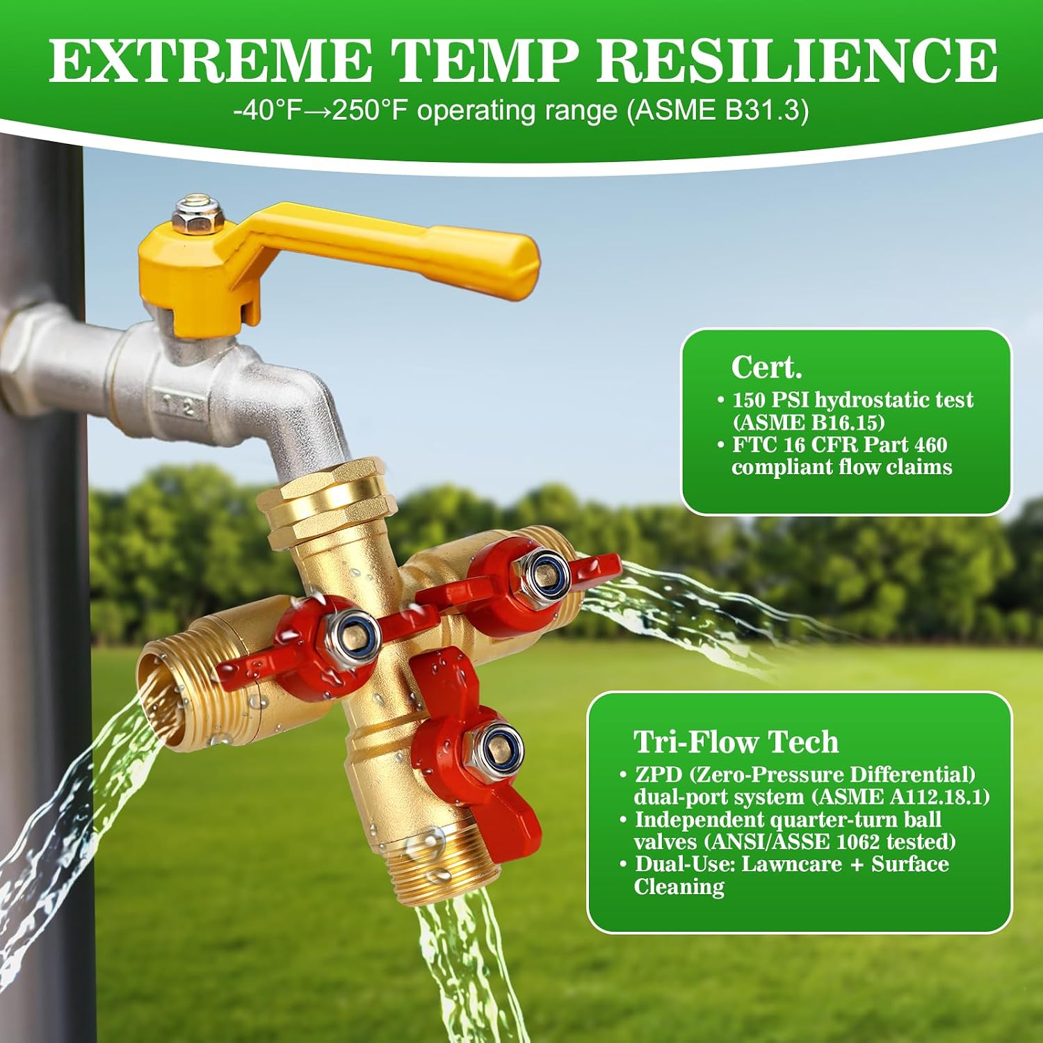 3 Way Hose Splitter, Solid Brass High Volume 3 Way Hose Splitter Valve with Metal Handle, Heavy Duty High Flow Spigot