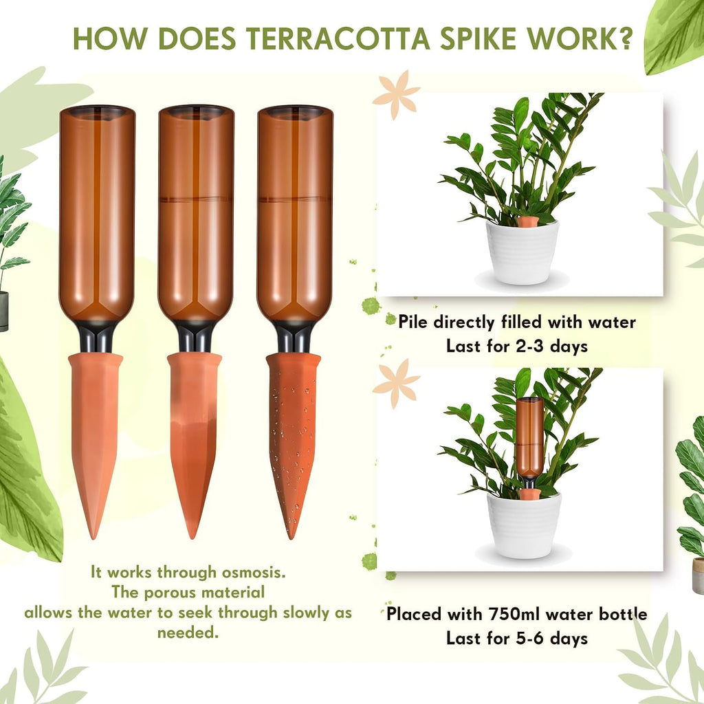 16 Pcs 8 Set Plant Watering Devices, Terracotta Watering Spikes with 25 oz Plastic Wine Bottles, Slow Release Vacation
